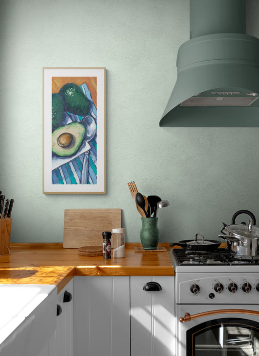 Avocado Fine Art Print | Styled in Charming Sage Green Kitchen with Butcher Block Countertop, White Shaker Cabinets, Vintage Range Cooker and Celadon Utensil Pot