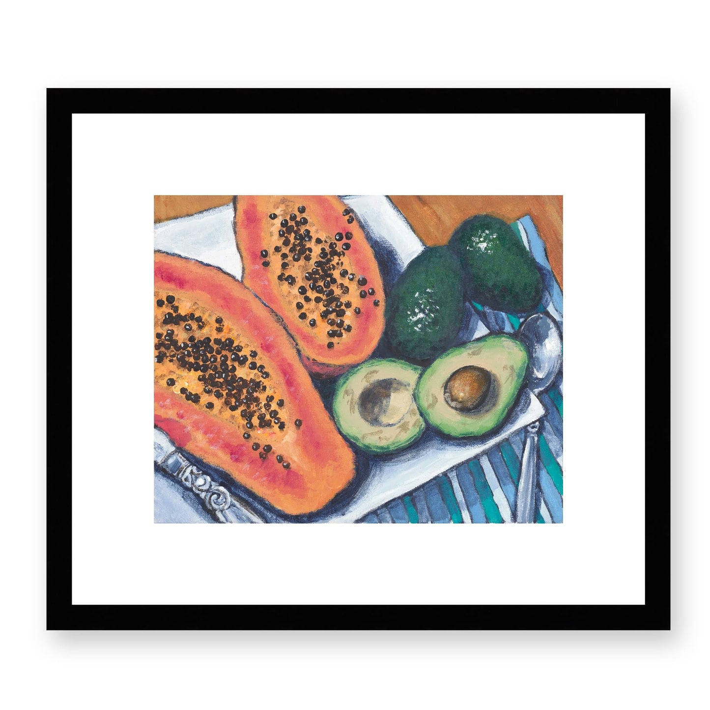 Framed Fine Art Print, White Mat - 14x12 19x16 24x20 29x24 34x28 39x32 inches | Papaya & Avocados in Acrylic, FPH-1000-1105, Prints, Fine art, Black Frame, 36 x 30 cm, 14 x 12 inches