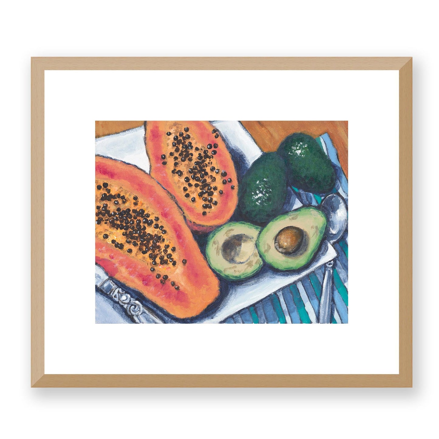 Framed Fine Art Print, White Mat - 14x12 19x16 24x20 29x24 34x28 39x32 inches | Papaya & Avocados in Acrylic, FPH-1000-1105, Prints, Fine art, Natural Frame, 36 x 30 cm, 14 x 12 inches