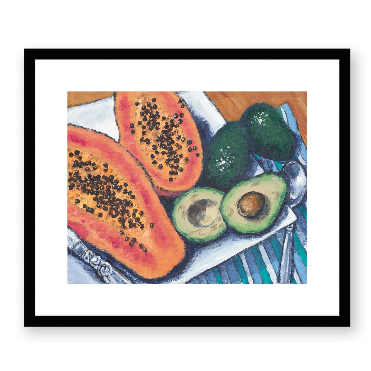 Framed Fine Art Print, White Mat - 14x12 19x16 24x20 29x24 34x28 39x32 inches | Papaya & Avocados in Acrylic, FPH-1000-1105, Prints, Fine art, Black Frame, 48 x 41 cm, 19 x 16 inches