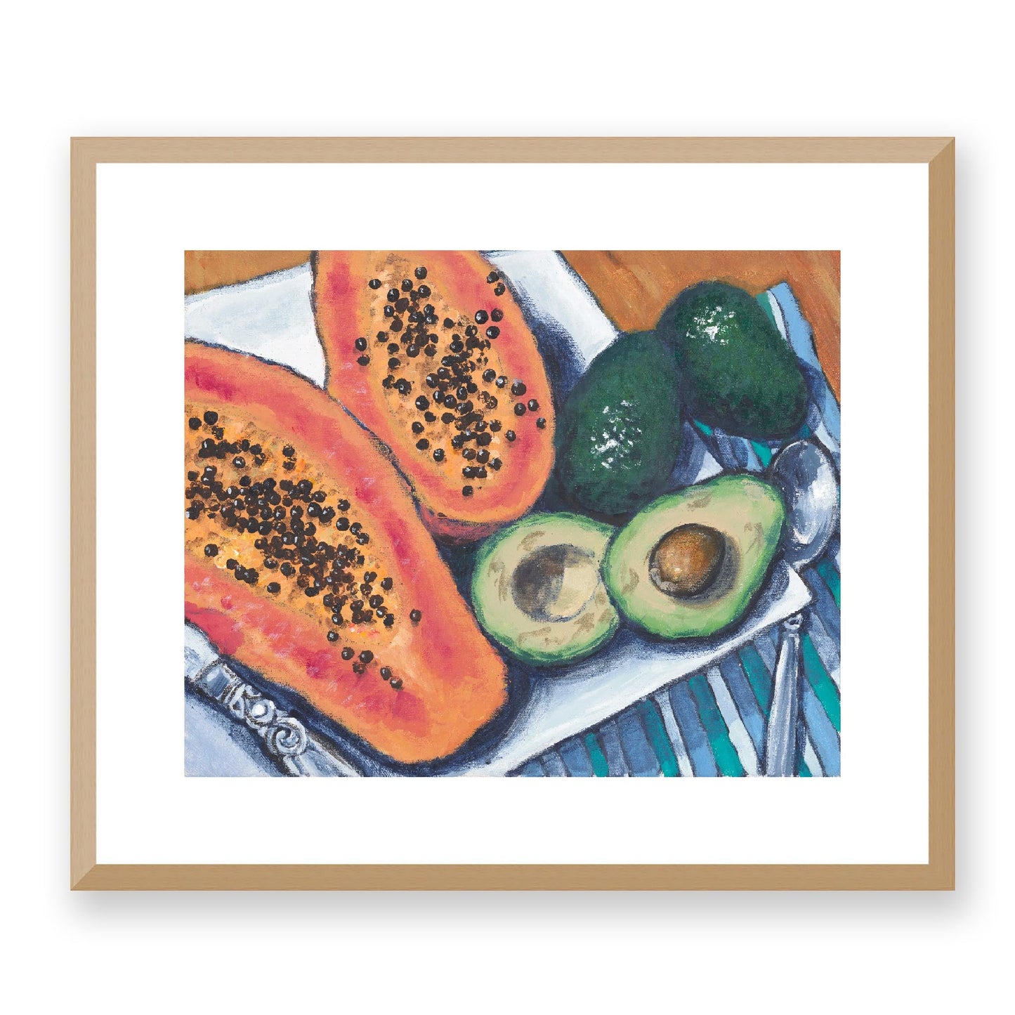 Framed Fine Art Print, White Mat - 14x12 19x16 24x20 29x24 34x28 39x32 inches | Papaya & Avocados in Acrylic, FPH-1000-1105, Prints, Fine art, Natural Frame, 48 x 41 cm, 19 x 16 inches