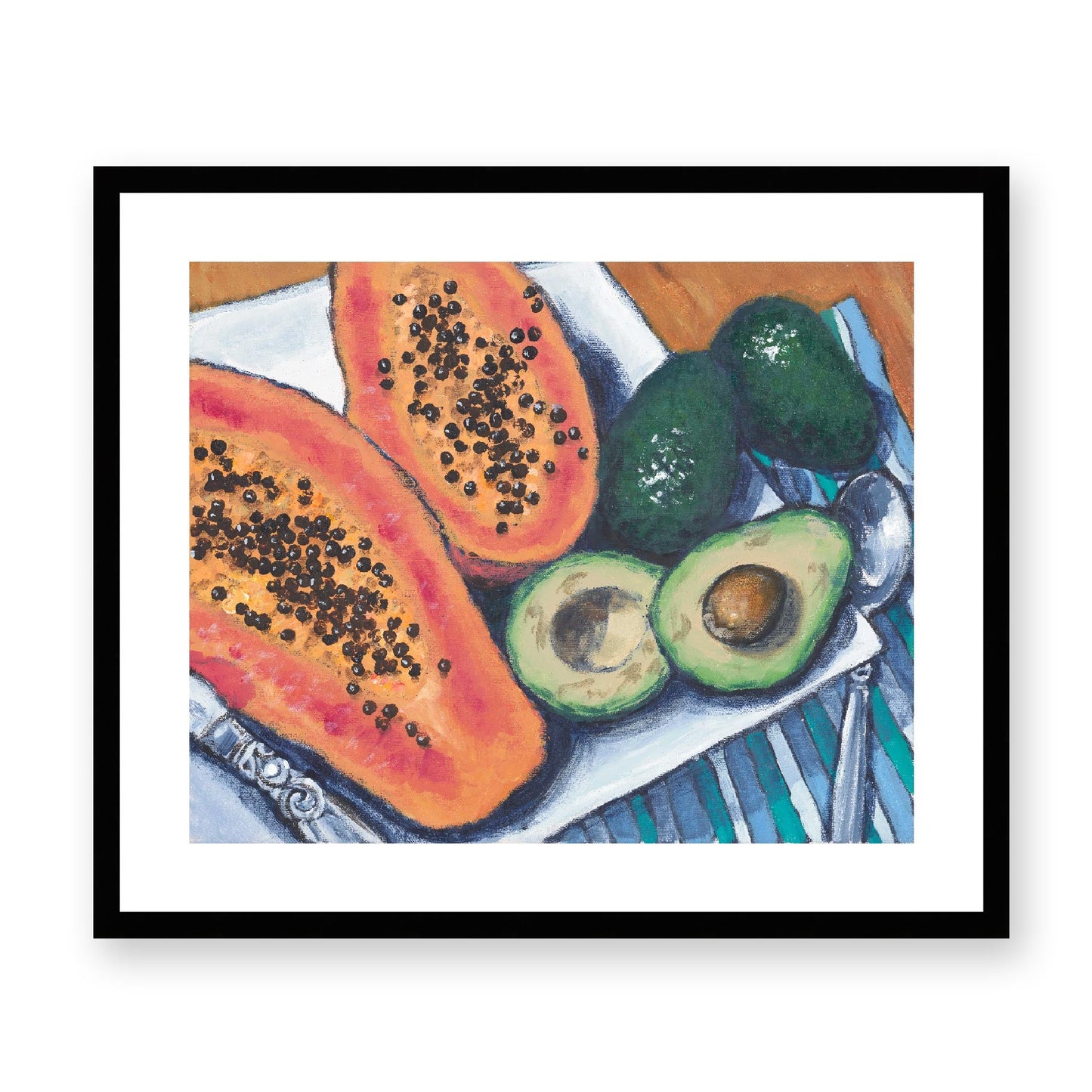 Framed Fine Art Print, White Mat - 14x12 19x16 24x20 29x24 34x28 39x32 inches | Papaya & Avocados in Acrylic, FPH-1000-1105, Prints, Fine art, Black Frame, 61 x 51 cm, 24 x 20 inches