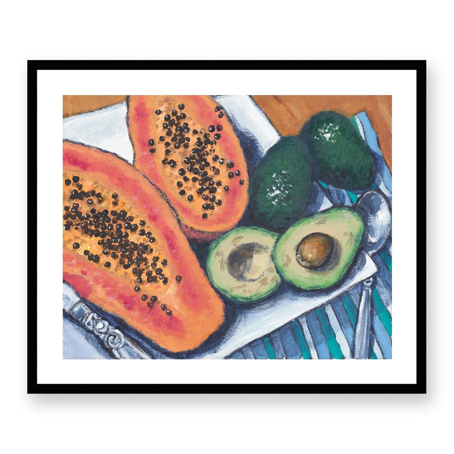 Framed Fine Art Print, White Mat - 14x12 19x16 24x20 29x24 34x28 39x32 inches | Papaya & Avocados in Acrylic, FPH-1000-1105, Prints, Fine art, Black Frame, 74 x 61 cm, 29 x 24 inches