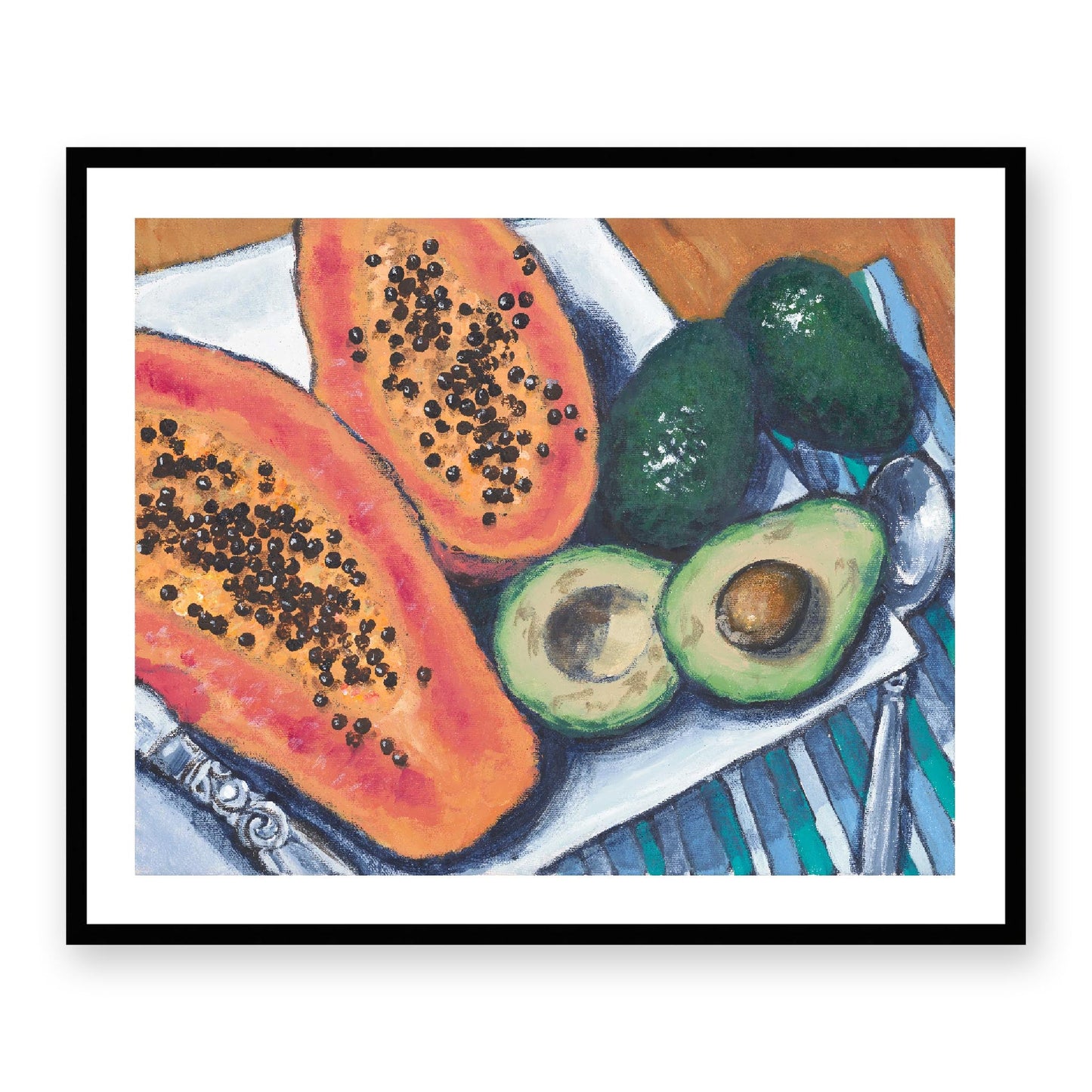 Framed Fine Art Print, White Mat - 14x12 19x16 24x20 29x24 34x28 39x32 inches | Papaya & Avocados in Acrylic, FPH-1000-1105, Prints, Fine art, Black Frame, 86 x 71 cm, 34 x 28 inches