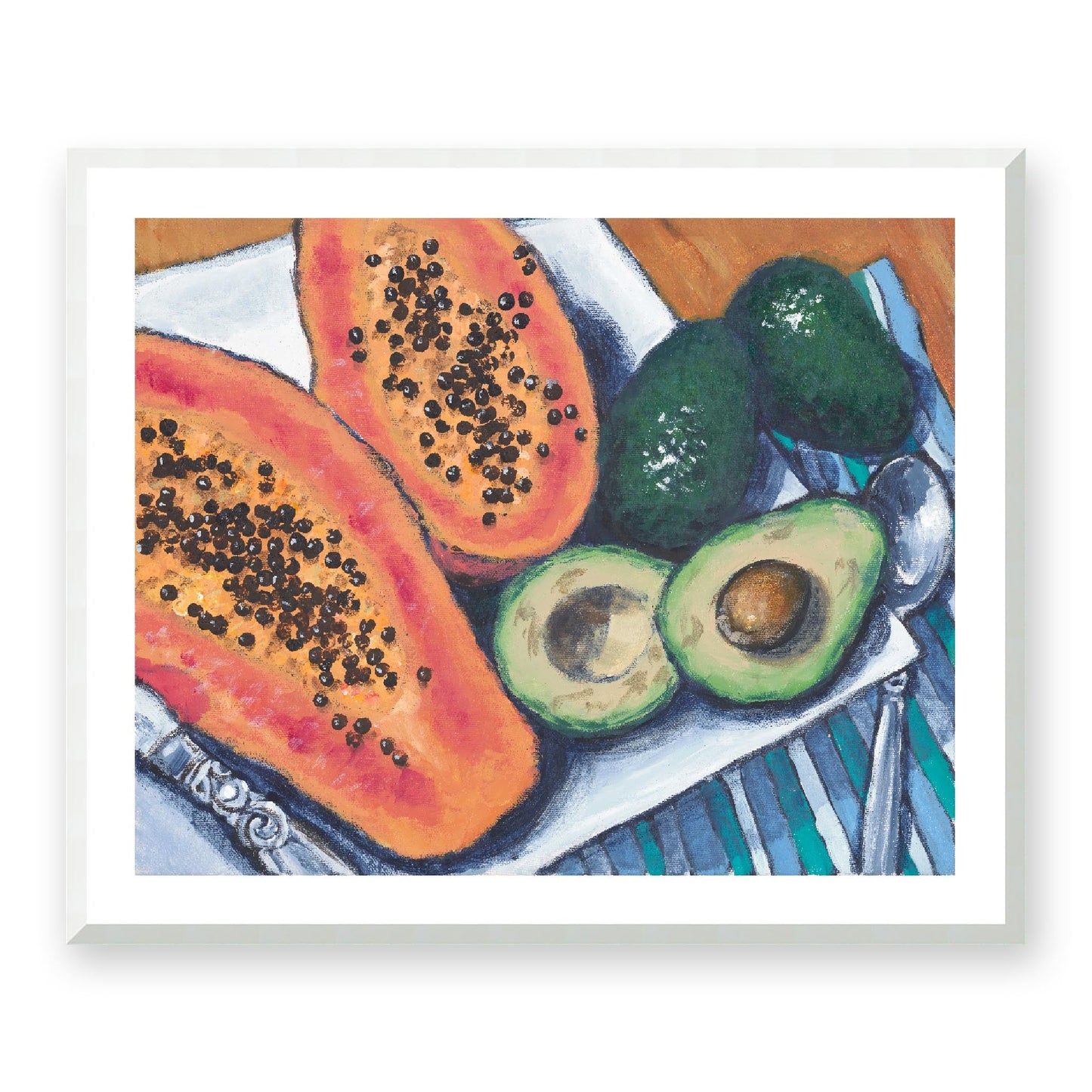 Framed Fine Art Print, White Mat - 14x12 19x16 24x20 29x24 34x28 39x32 inches | Papaya & Avocados in Acrylic, FPH-1000-1105, Prints, Fine art, White Frame, 86 x 71 cm, 34 x 28 inches