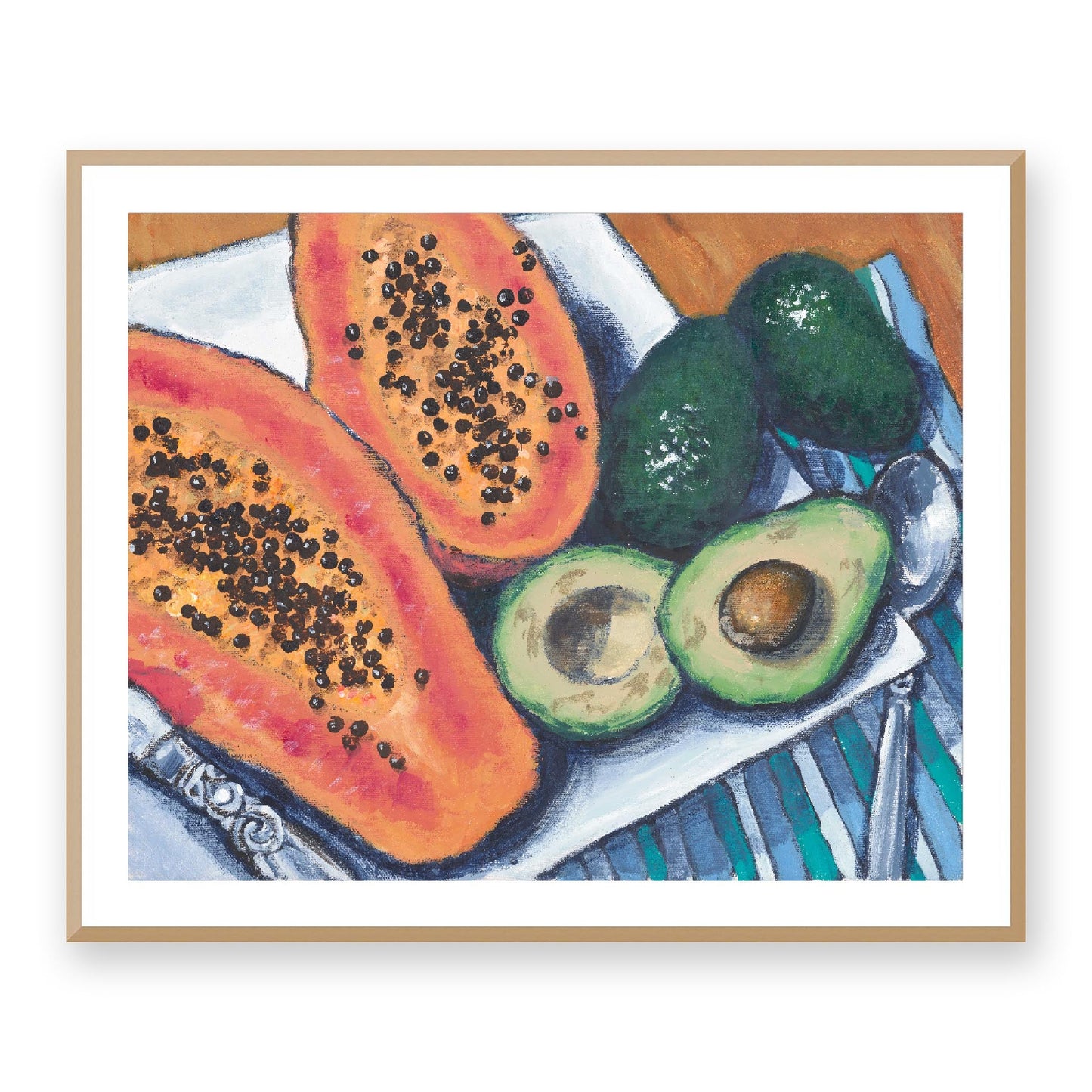 Framed Fine Art Print, White Mat - 14x12 19x16 24x20 29x24 34x28 39x32 inches | Papaya & Avocados in Acrylic, FPH-1000-1105, Prints, Fine art, Natural Frame, 99 x 81 cm, 39 x 32 inches