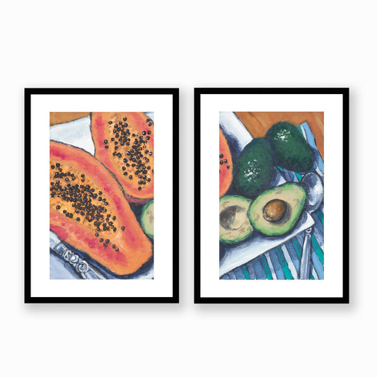Set of Two Framed Fine Art Prints, White Mat - Two Panels of 14x20 19x28 or 24x36  inches | Papaya & Avocados in Acrylic, FPH2-1000-1105-LR, Prints, Fine art, Black Frame, Two panels of 36 x 51 cm ,14 x 20 inches
