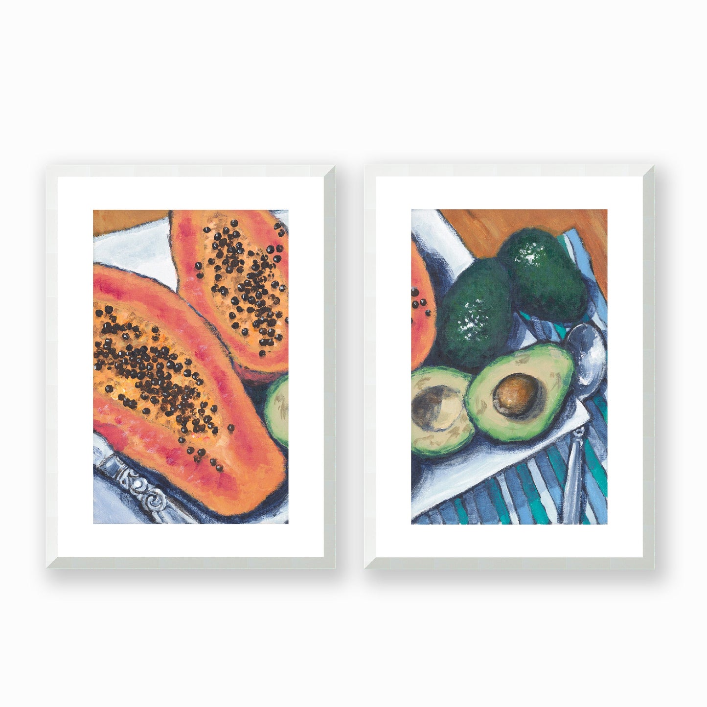 Set of Two Framed Fine Art Prints, White Mat - Two Panels of 14x20 19x28 or 24x36  inches | Papaya & Avocados in Acrylic, FPH2-1000-1105-LR, Prints, Fine art, White Frame, Two panels of 36 x 51 cm ,14 x 20 inches