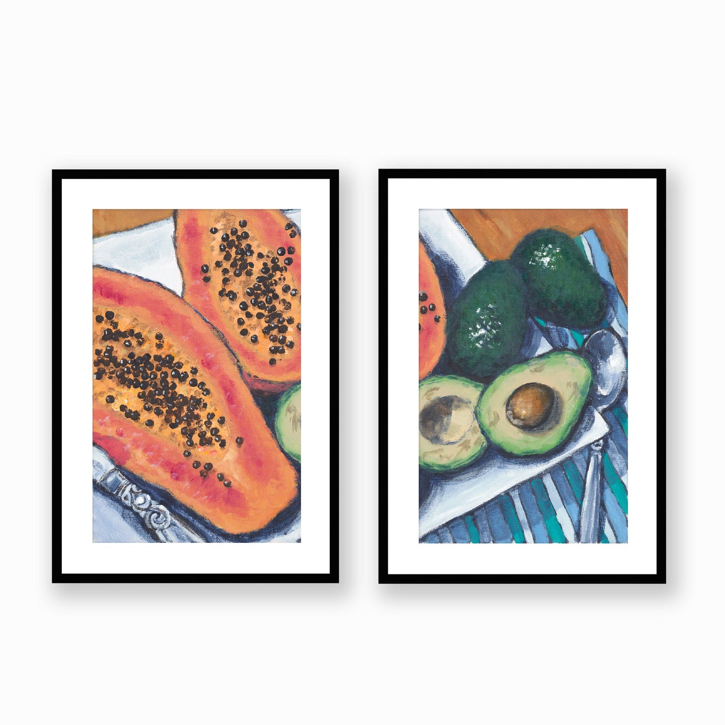 Set of Two Framed Fine Art Prints, White Mat - Two Panels of 14x20 19x28 or 24x36  inches | Papaya & Avocados in Acrylic, FPH2-1000-1105-LR, Prints, Fine art, Black Frame, Two panels of 48 x 71 cm ,19 x 28 inches