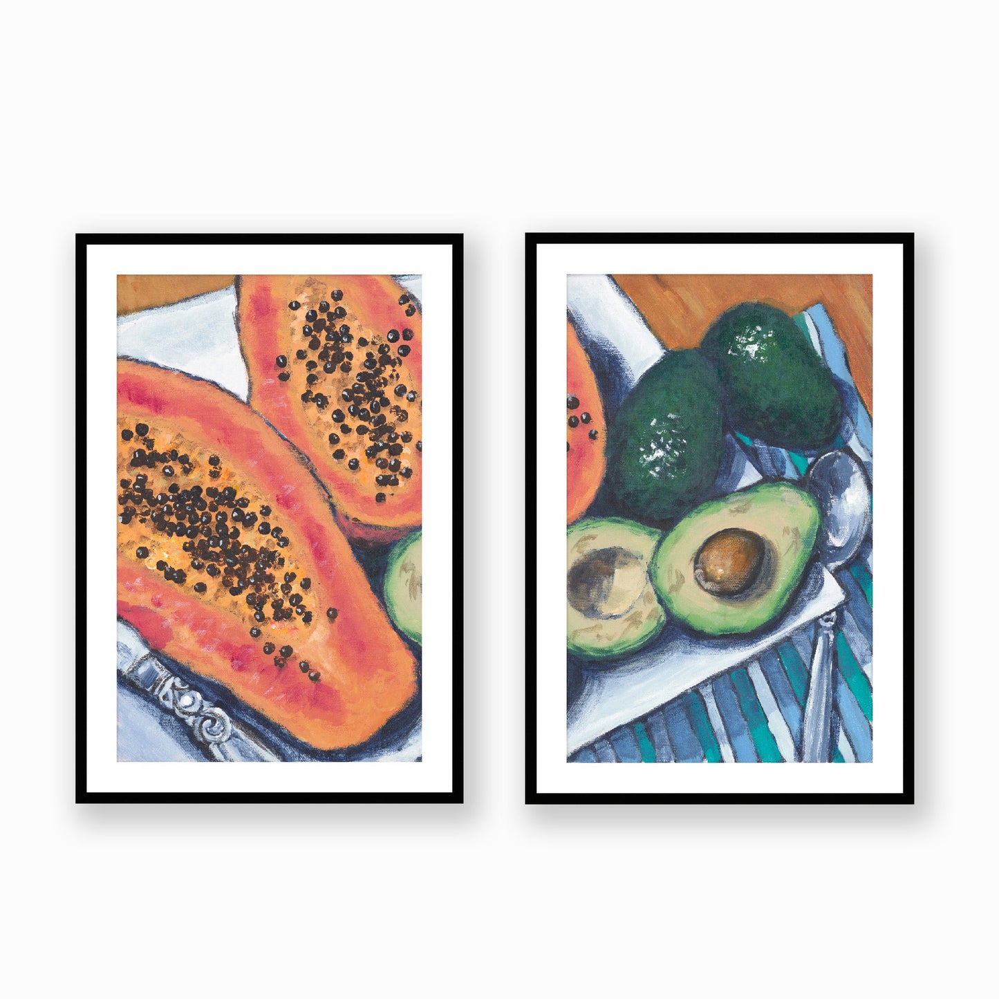 Set of Two Framed Fine Art Prints, White Mat - Two Panels of 14x20 19x28 or 24x36  inches | Papaya & Avocados in Acrylic, FPH2-1000-1105-LR, Prints, Fine art, Black Frame, Two panels of 61 x 91 cm ,24 x 36 inches