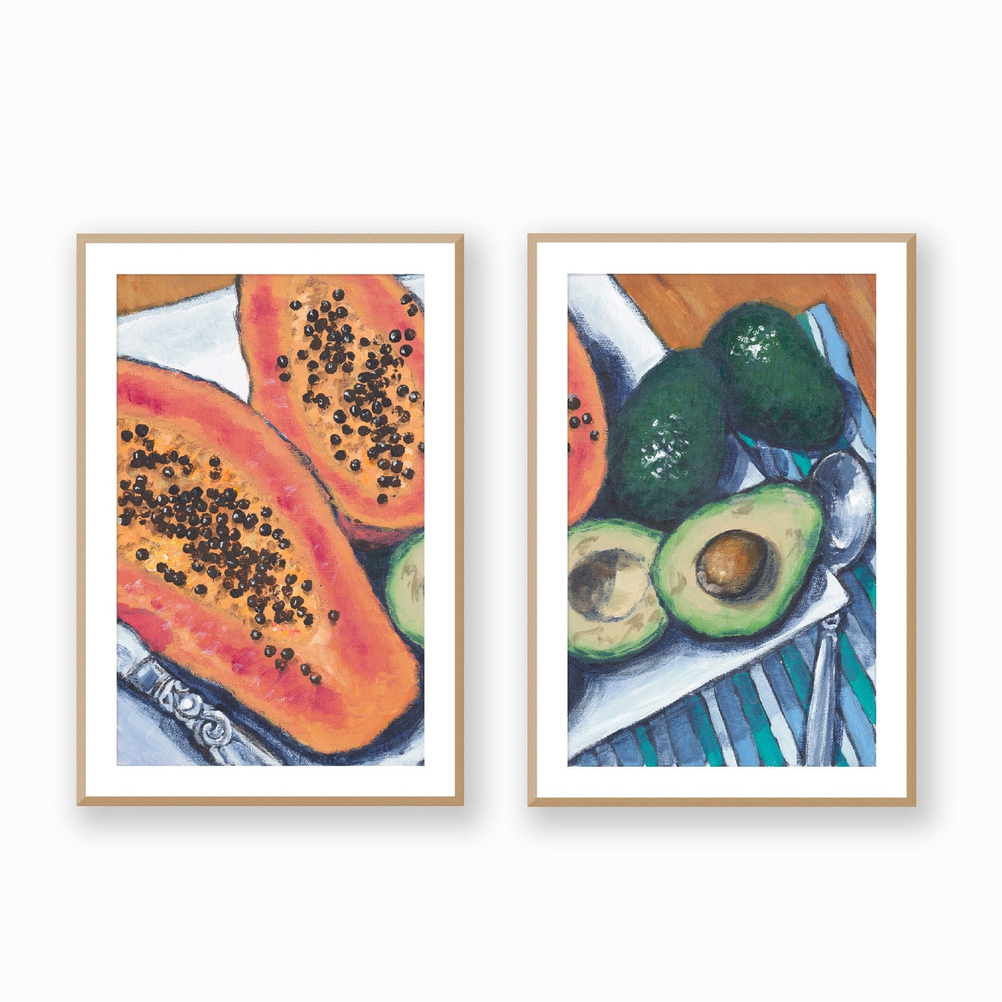 Set of Two Framed Fine Art Prints, White Mat - Two Panels of 14x20 19x28 or 24x36  inches | Papaya & Avocados in Acrylic, FPH2-1000-1105-LR, Prints, Fine art, Natural Frame, Two panels of 61 x 91 cm ,24 x 36 inches