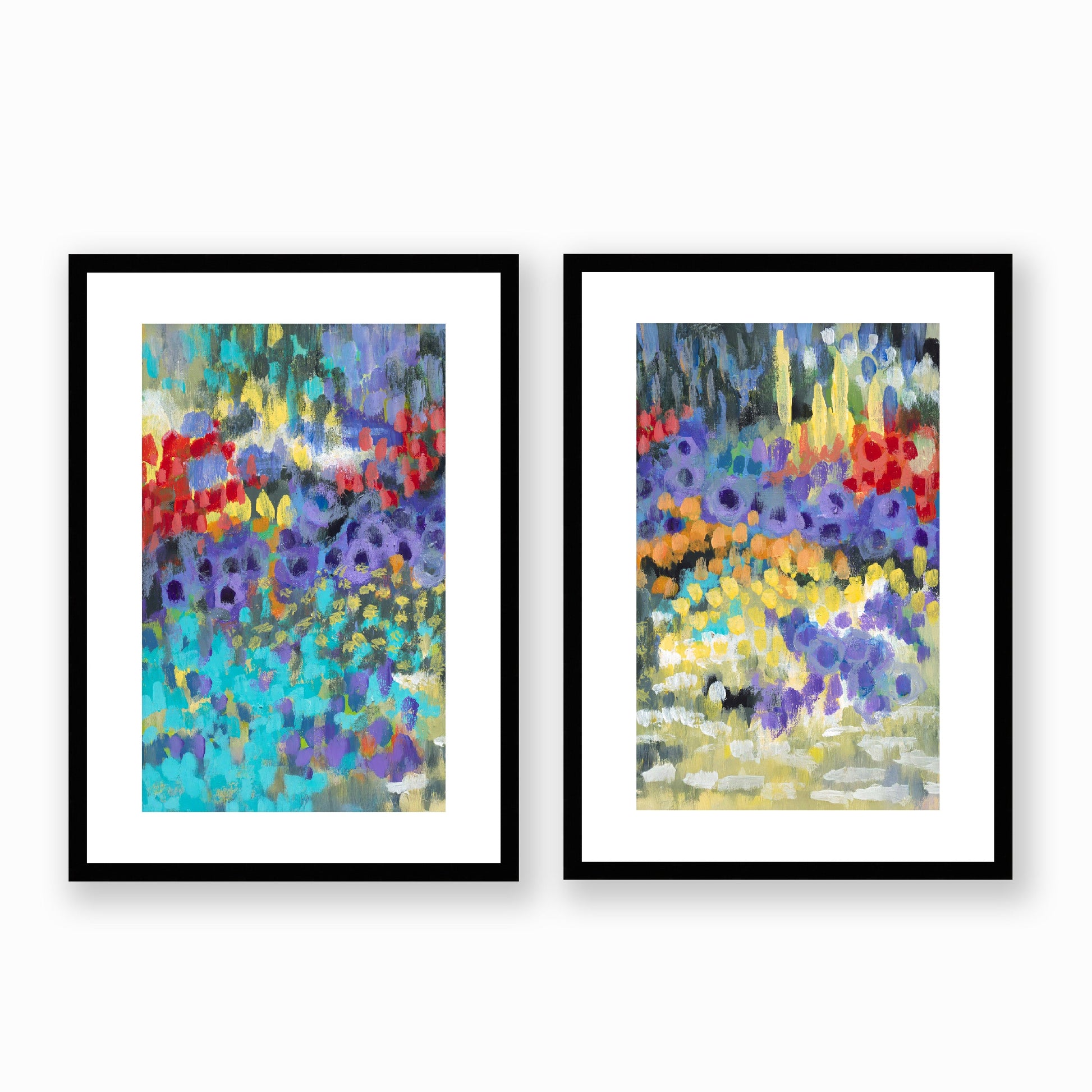 Set of Two Framed Fine Art Prints, White Mat - Two Panels of 14x20 19x28 or 24x36  inches | Floral Garden Two in Acrylic, FPH2-1000-1145-LR, Prints, Fine art, Black Frame, Two panels of 36 x 51 cm ,14 x 20 inches