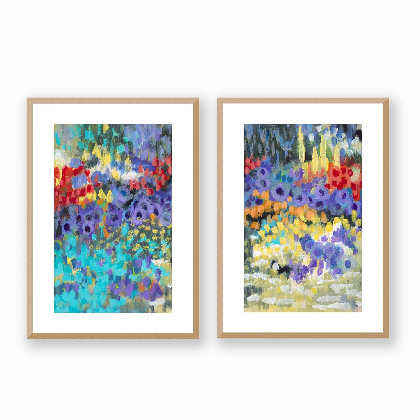 Set of Two Framed Fine Art Prints, White Mat - Two Panels of 14x20 19x28 or 24x36  inches | Floral Garden Two in Acrylic, FPH2-1000-1145-LR, Prints, Fine art, Natural Frame, Two panels of 36 x 51 cm ,14 x 20 inches