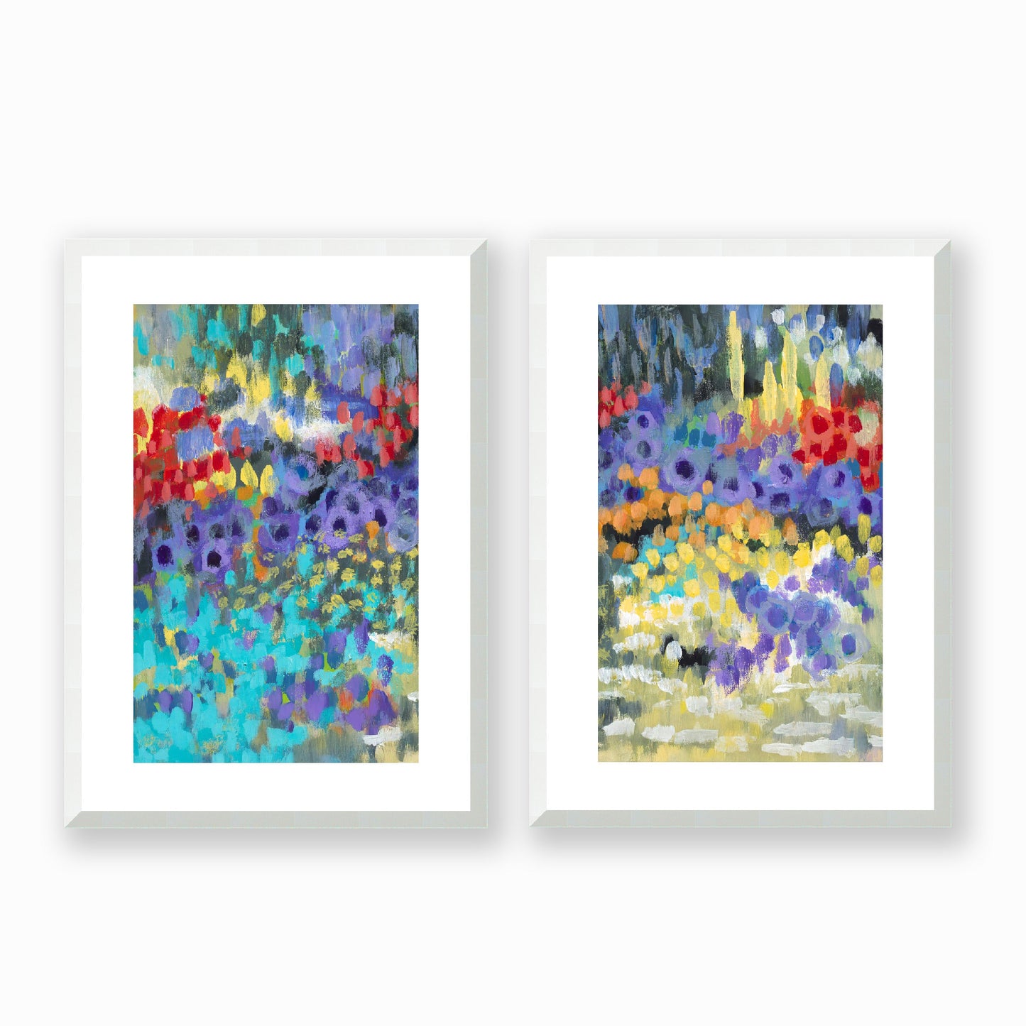 Set of Two Framed Fine Art Prints, White Mat - Two Panels of 14x20 19x28 or 24x36  inches | Floral Garden Two in Acrylic, FPH2-1000-1145-LR, Prints, Fine art, White Frame, Two panels of 36 x 51 cm ,14 x 20 inches