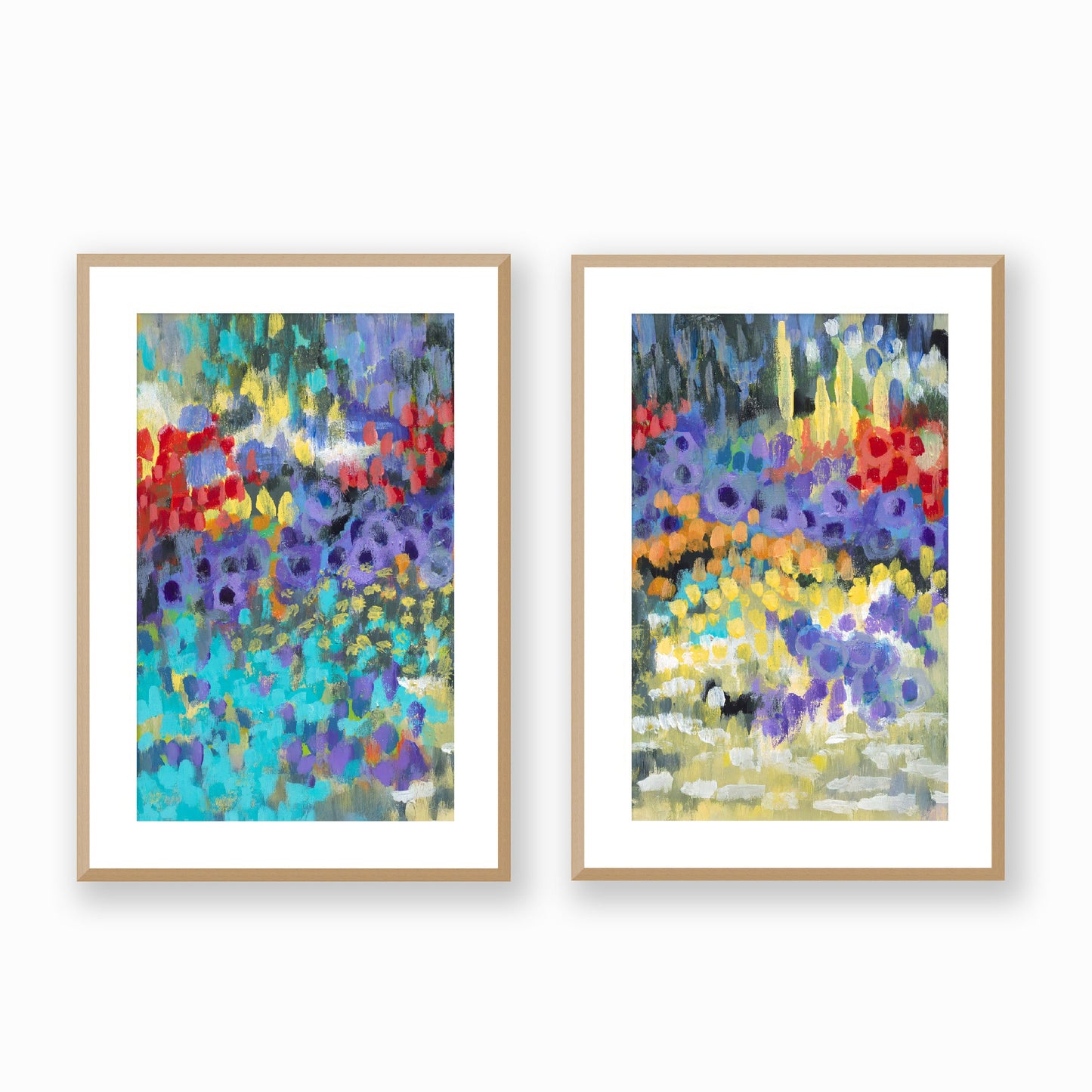Set of Two Framed Fine Art Prints, White Mat - Two Panels of 14x20 19x28 or 24x36  inches | Floral Garden Two in Acrylic, FPH2-1000-1145-LR, Prints, Fine art, Natural Frame, Two panels of 48 x 71 cm ,19 x 28 inches
