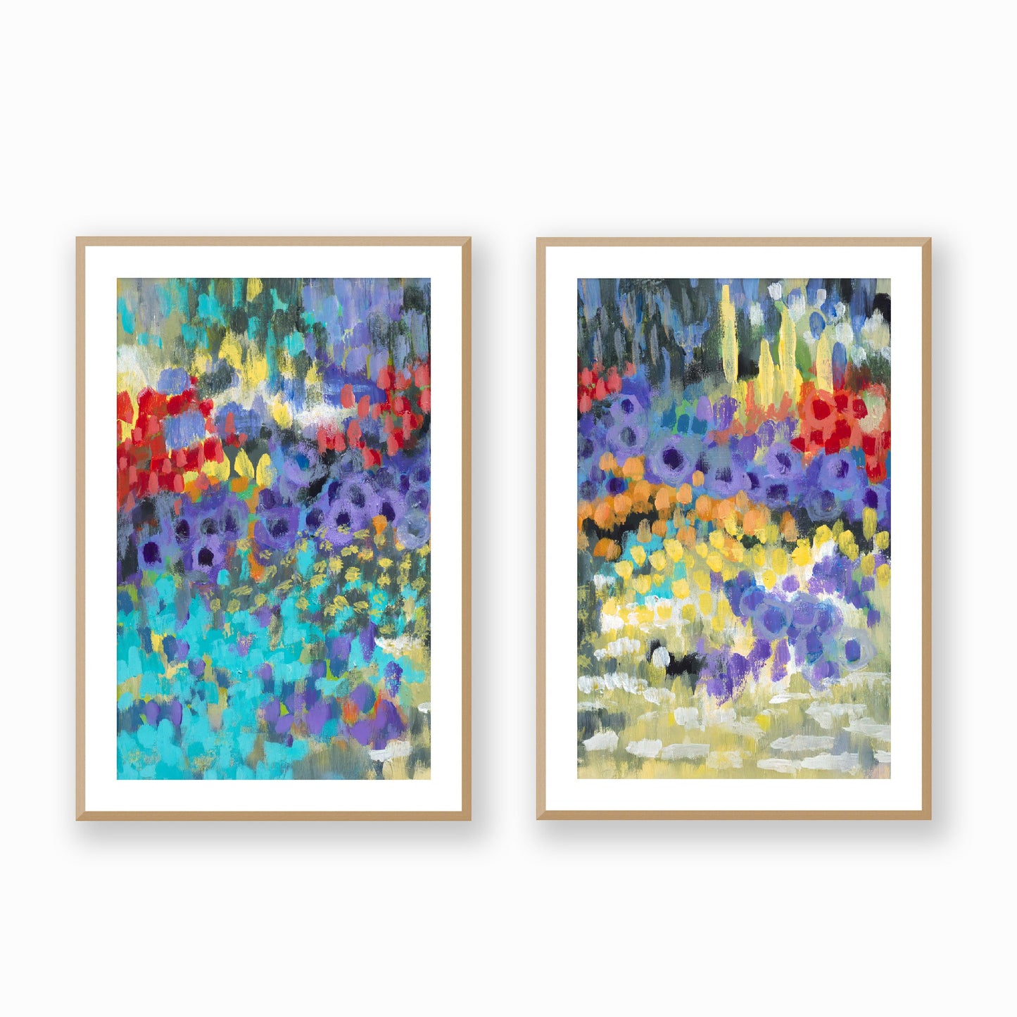 Set of Two Framed Fine Art Prints, White Mat - Two Panels of 14x20 19x28 or 24x36  inches | Floral Garden Two in Acrylic, FPH2-1000-1145-LR, Prints, Fine art, Natural Frame, Two panels of 61 x 91 cm ,24 x 36 inches