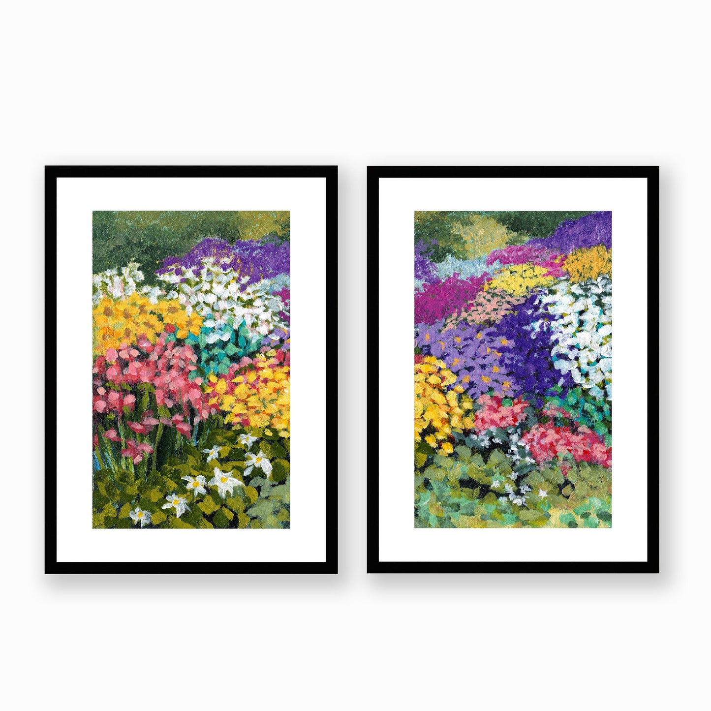 Set of Two Framed Fine Art Prints, White Mat - Two Panels of 14x20 19x28 or 24x36  inches | Floral Garden Three in Acrylic, FPH2-1000-1147-LR, Prints, Fine art, Black Frame, Two panels of 36 x 51 cm ,14 x 20 inches