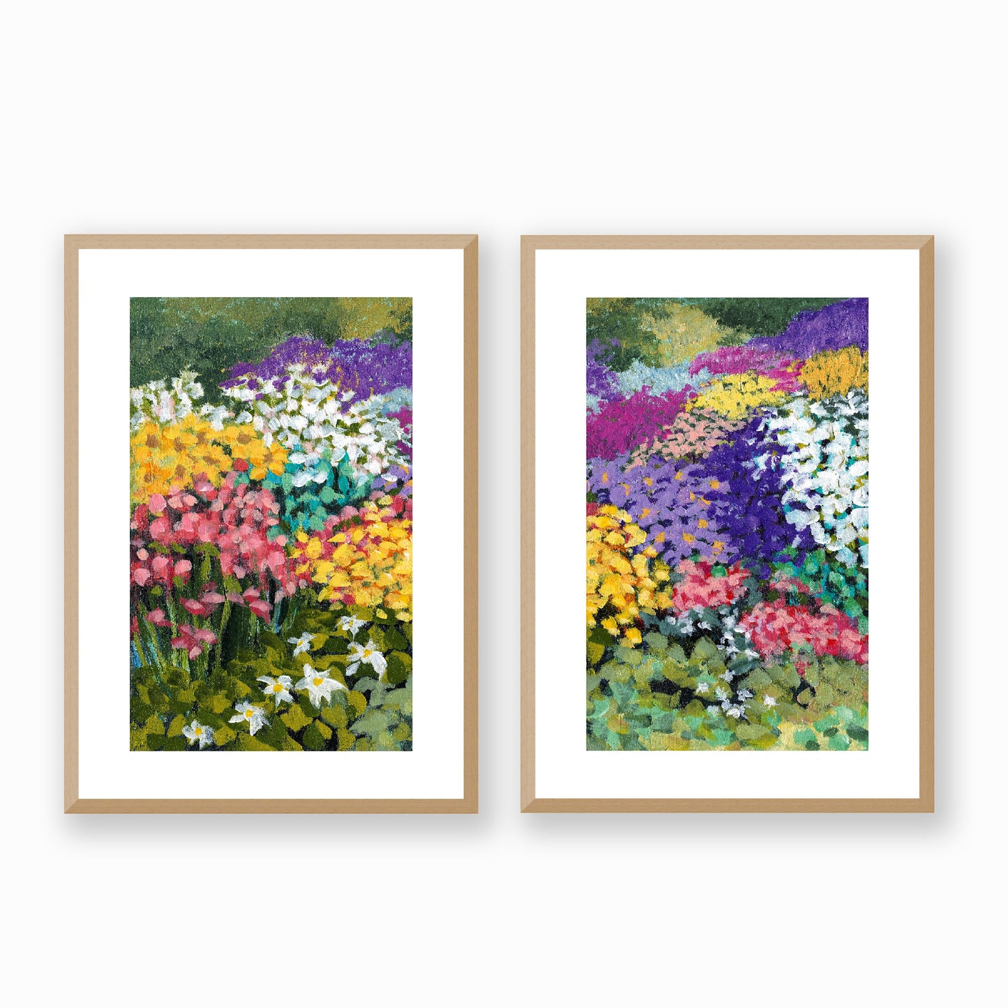 Set of Two Framed Fine Art Prints, White Mat - Two Panels of 14x20 19x28 or 24x36  inches | Floral Garden Three in Acrylic, FPH2-1000-1147-LR, Prints, Fine art, Natural Frame, Two panels of 36 x 51 cm ,14 x 20 inches