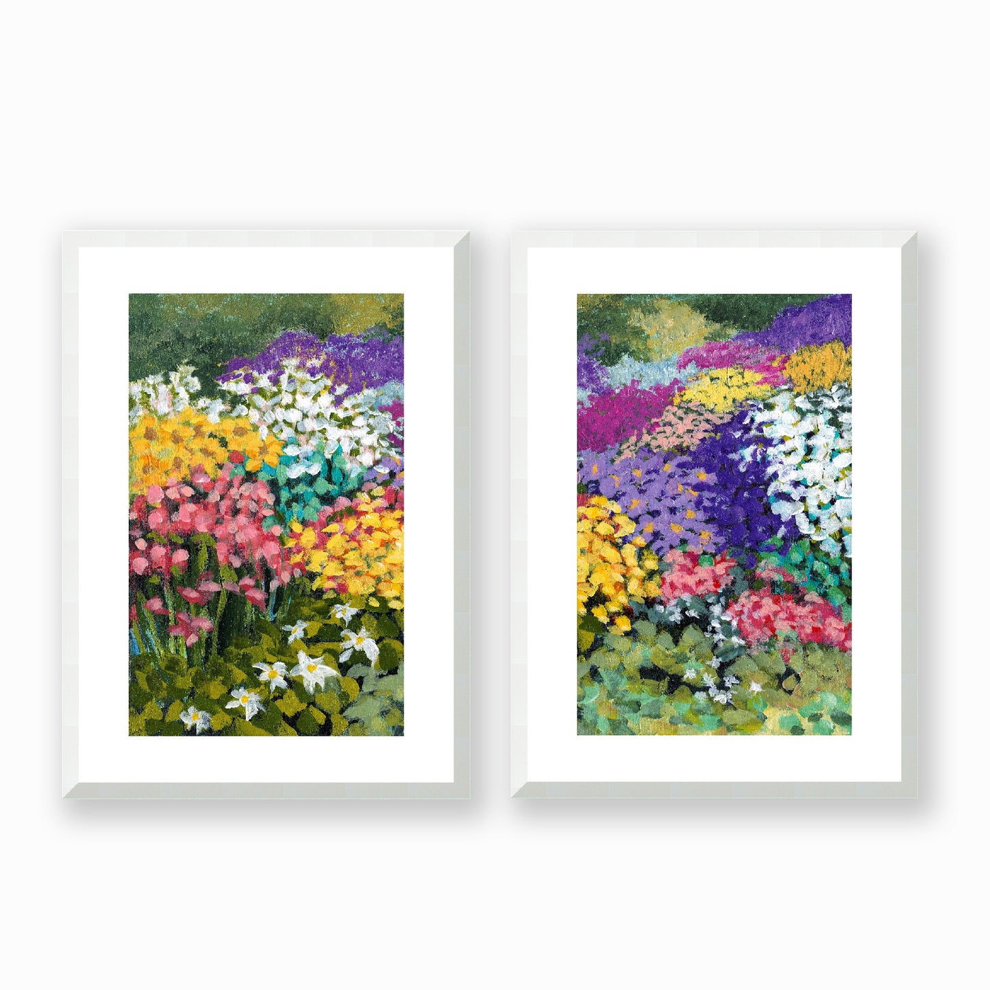 Set of Two Framed Fine Art Prints, White Mat - Two Panels of 14x20 19x28 or 24x36  inches | Floral Garden Three in Acrylic, FPH2-1000-1147-LR, Prints, Fine art, White Frame, Two panels of 36 x 51 cm ,14 x 20 inches