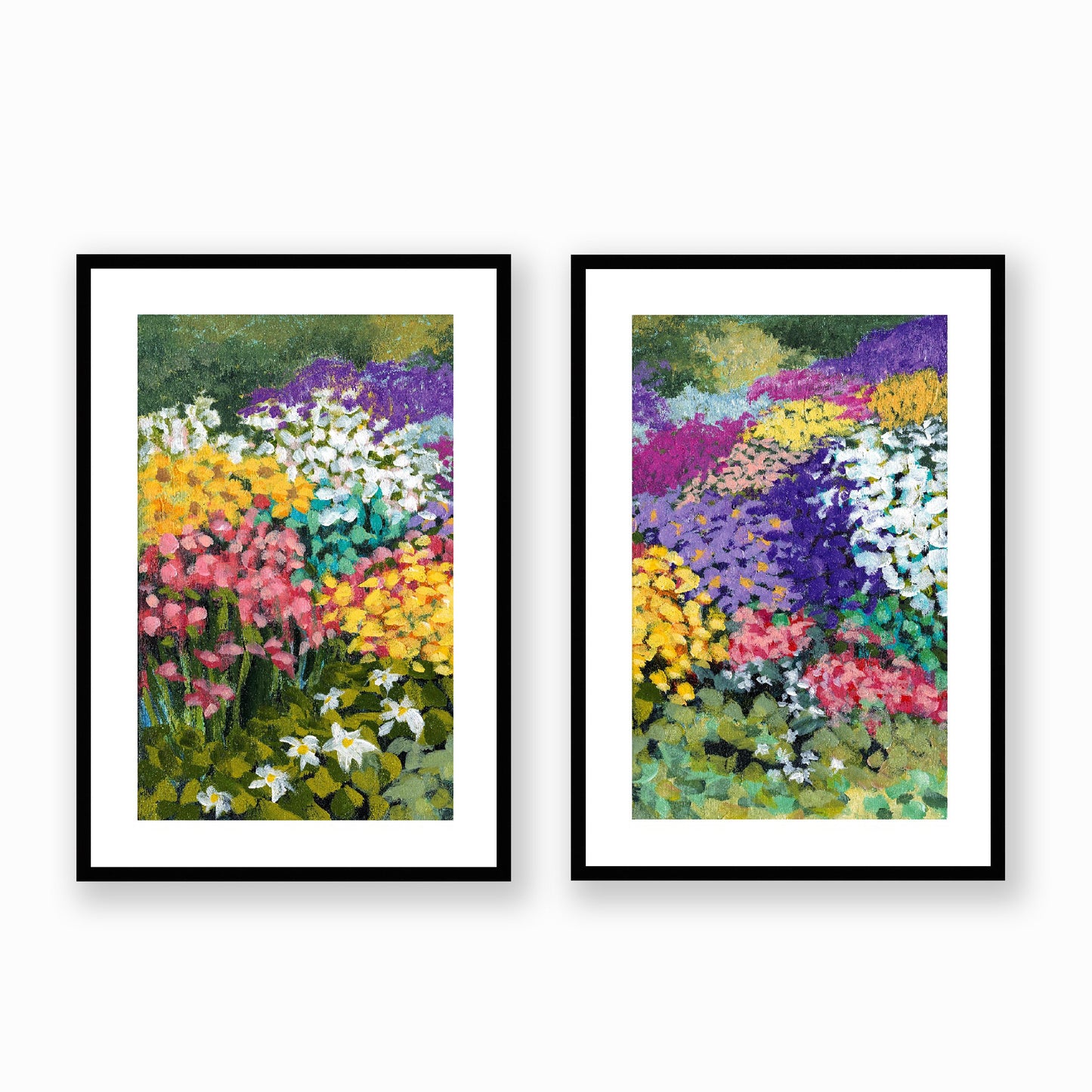 Set of Two Framed Fine Art Prints, White Mat - Two Panels of 14x20 19x28 or 24x36  inches | Floral Garden Three in Acrylic, FPH2-1000-1147-LR, Prints, Fine art, Black Frame, Two panels of 48 x 71 cm ,19 x 28 inches