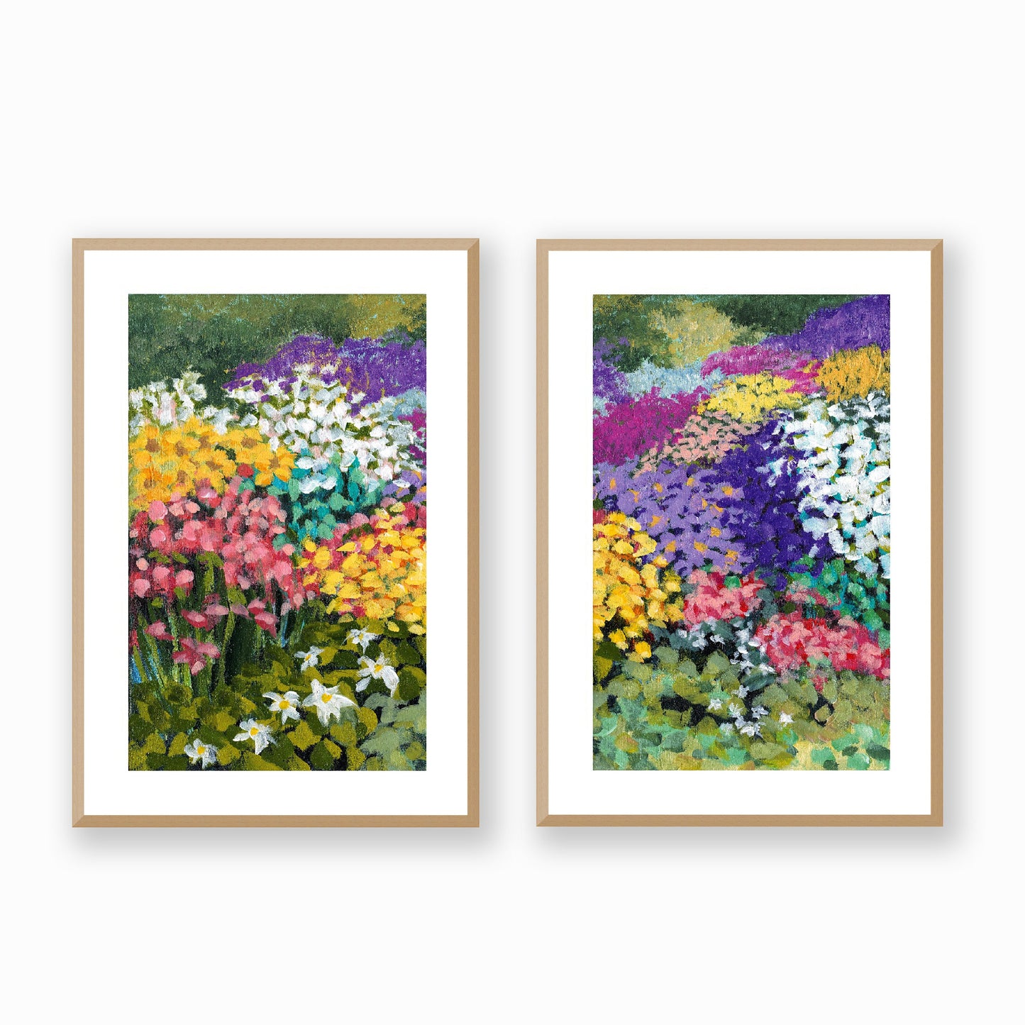 Set of Two Framed Fine Art Prints, White Mat - Two Panels of 14x20 19x28 or 24x36  inches | Floral Garden Three in Acrylic, FPH2-1000-1147-LR, Prints, Fine art, Natural Frame, Two panels of 48 x 71 cm ,19 x 28 inches
