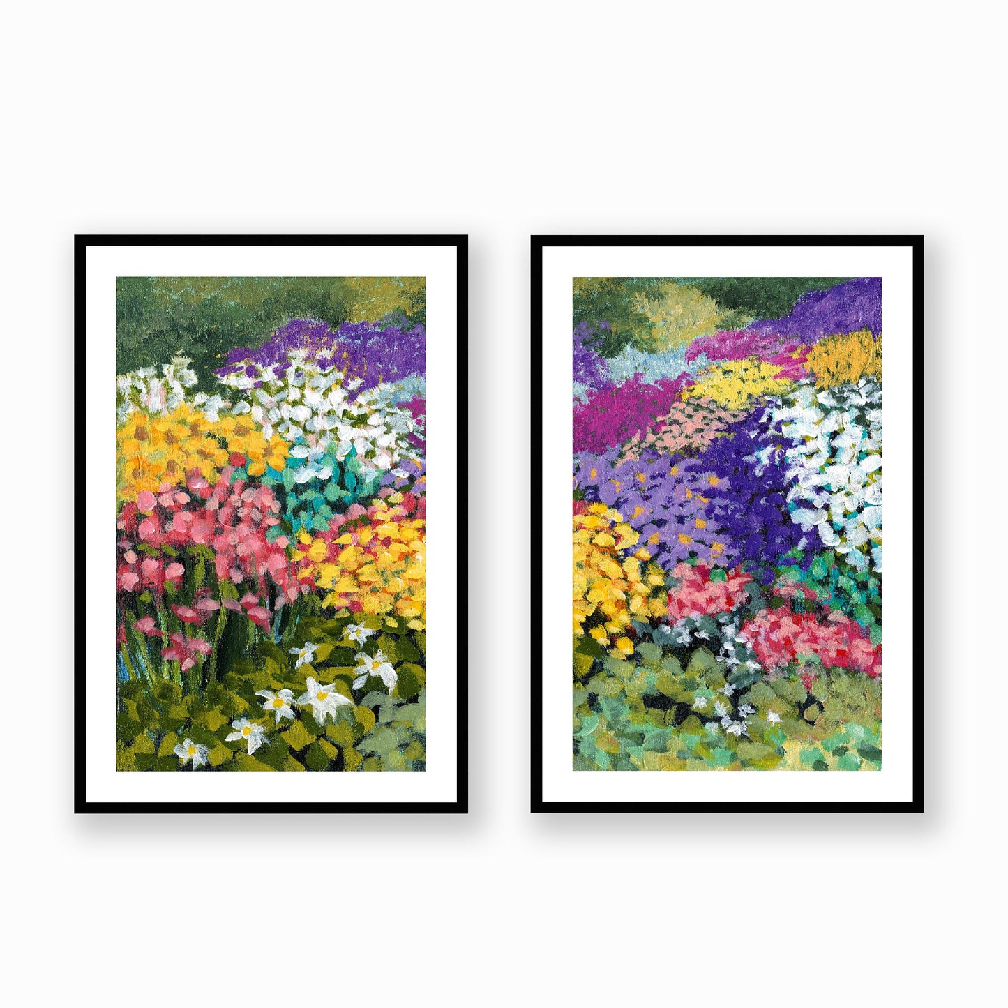 Set of Two Framed Fine Art Prints, White Mat - Two Panels of 14x20 19x28 or 24x36  inches | Floral Garden Three in Acrylic, FPH2-1000-1147-LR, Prints, Fine art, Black Frame, Two panels of 61 x 91 cm ,24 x 36 inches