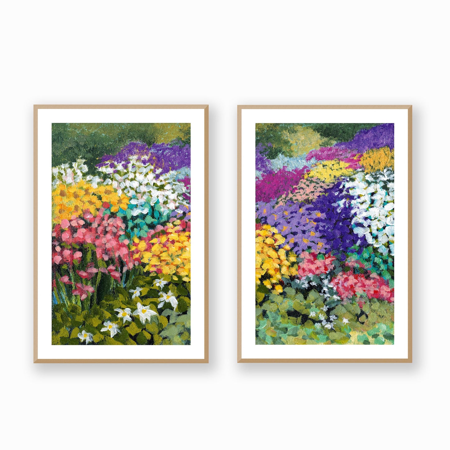 Set of Two Framed Fine Art Prints, White Mat - Two Panels of 14x20 19x28 or 24x36  inches | Floral Garden Three in Acrylic, FPH2-1000-1147-LR, Prints, Fine art, Natural Frame, Two panels of 61 x 91 cm ,24 x 36 inches