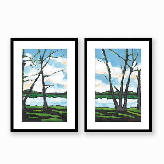Set of Two Framed Fine Art Prints, White Mat - Two Panels of 14x20 19x28 or 24x36  inches | Lakeshore in Acrylic, FPH2-1101-LR, Prints, Fine art, Black Frame, Two panels of 36 x 51 cm ,14 x 20 inches