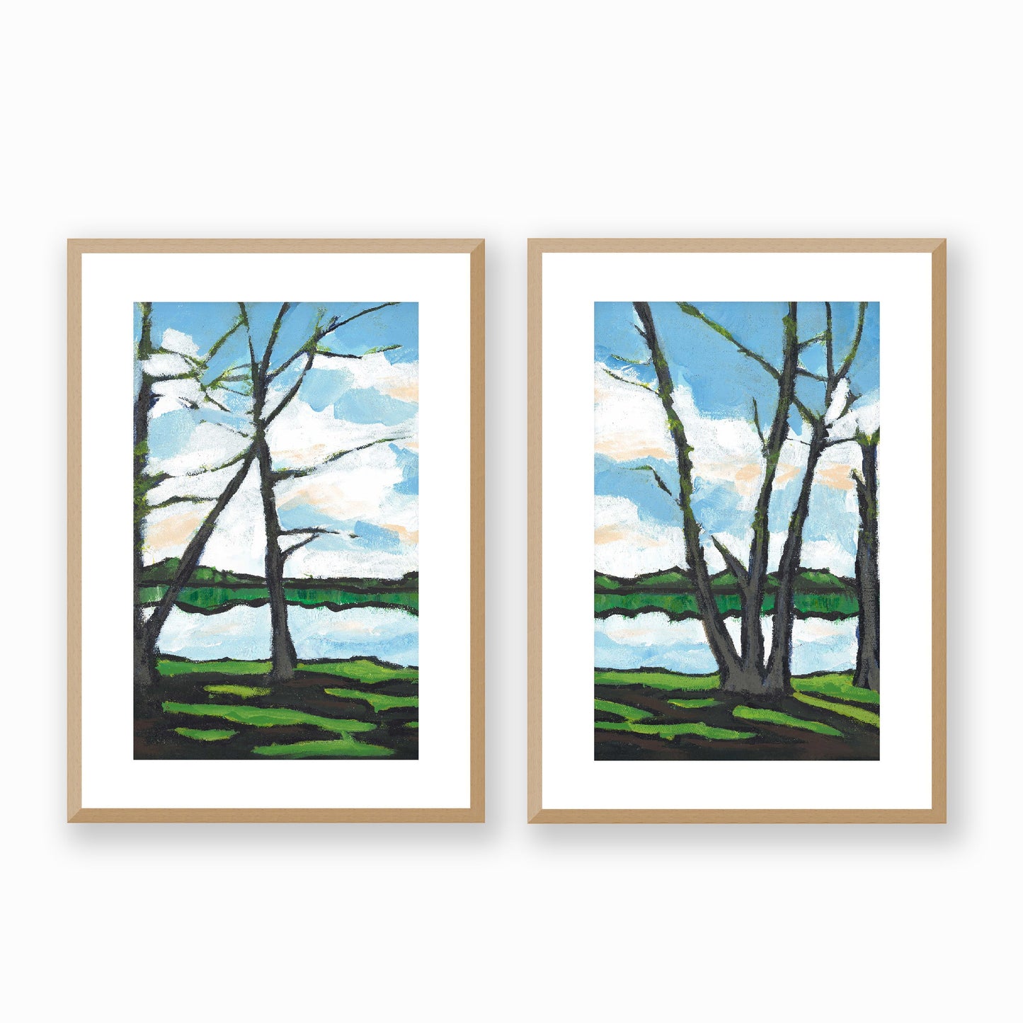 Set of Two Framed Fine Art Prints, White Mat - Two Panels of 14x20 19x28 or 24x36  inches | Lakeshore in Acrylic, FPH2-1101-LR, Prints, Fine art, Natural Frame, Two panels of 36 x 51 cm ,14 x 20 inches