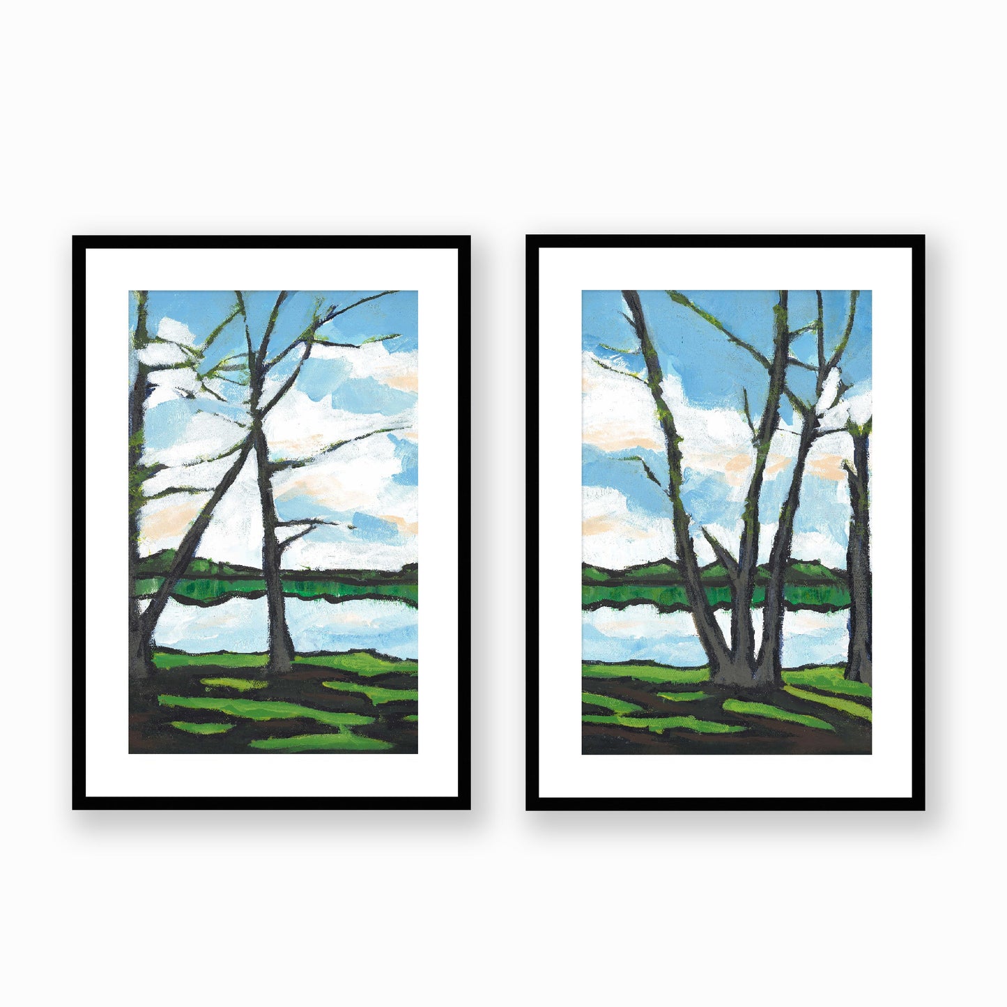 Set of Two Framed Fine Art Prints, White Mat - Two Panels of 14x20 19x28 or 24x36  inches | Lakeshore in Acrylic, FPH2-1101-LR, Prints, Fine art, Black Frame, Two panels of 48 x 71 cm ,19 x 28 inches