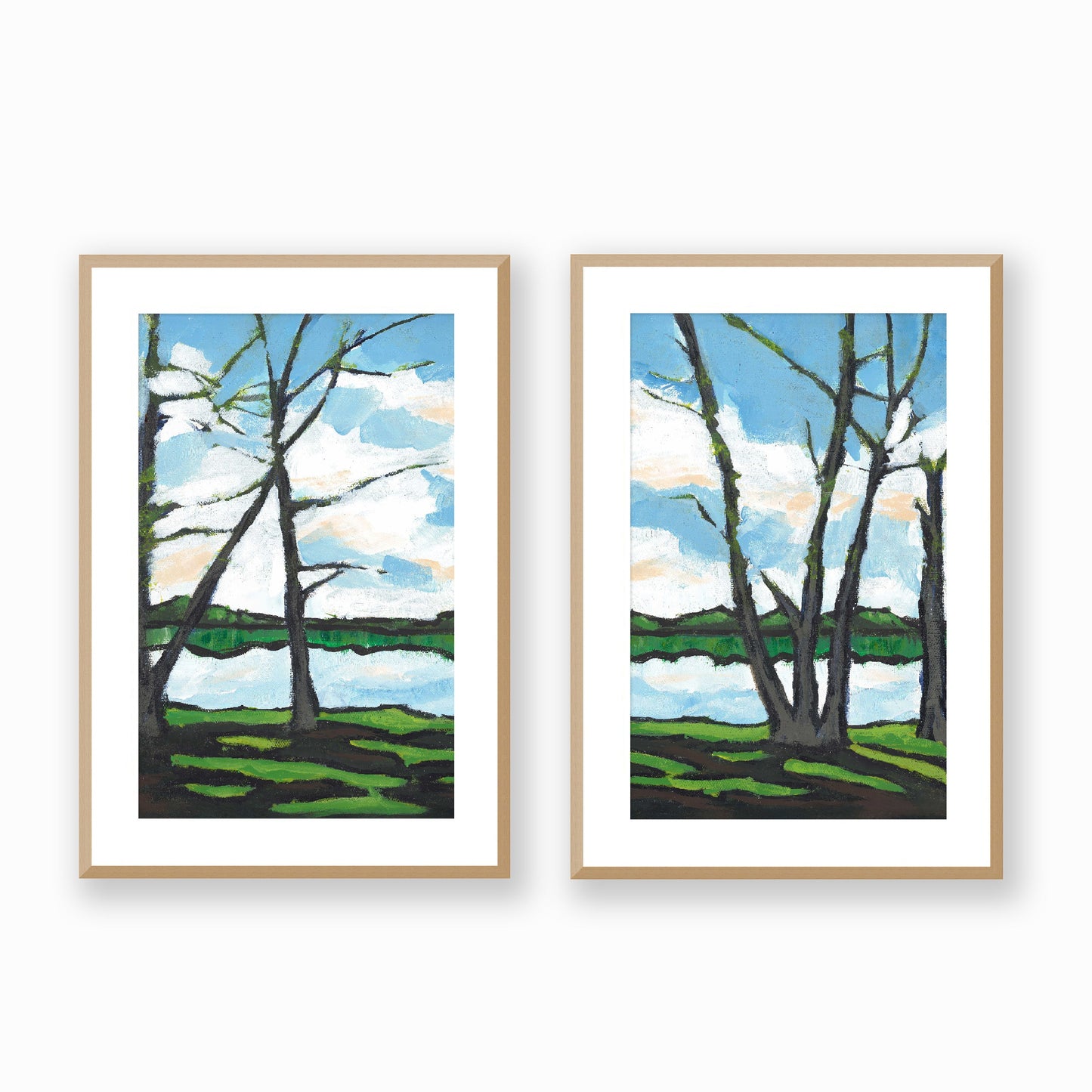Set of Two Framed Fine Art Prints, White Mat - Two Panels of 14x20 19x28 or 24x36  inches | Lakeshore in Acrylic, FPH2-1101-LR, Prints, Fine art, Natural Frame, Two panels of 48 x 71 cm ,19 x 28 inches