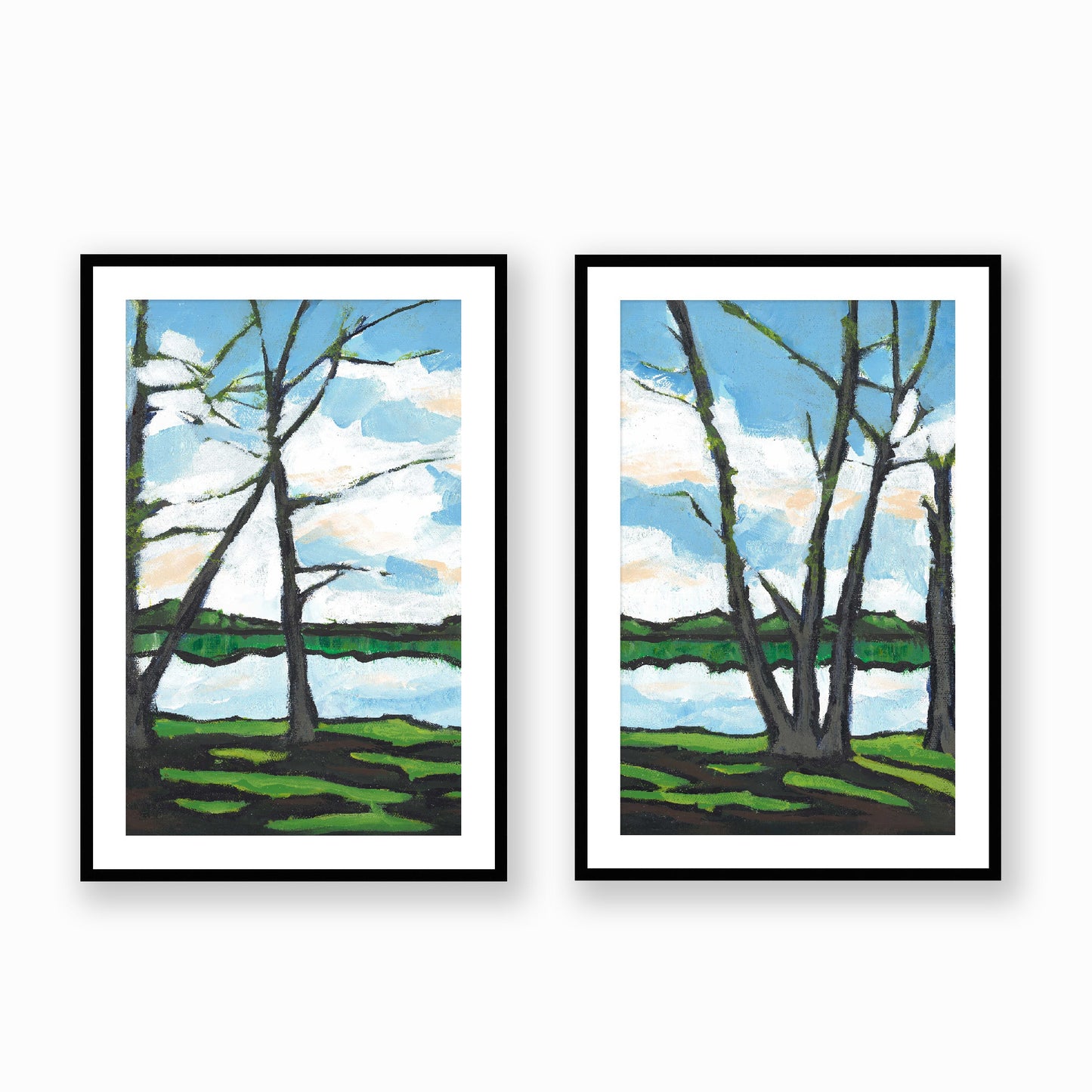 Set of Two Framed Fine Art Prints, White Mat - Two Panels of 14x20 19x28 or 24x36  inches | Lakeshore in Acrylic, FPH2-1101-LR, Prints, Fine art, Black Frame, Two panels of 61 x 91 cm ,24 x 36 inches