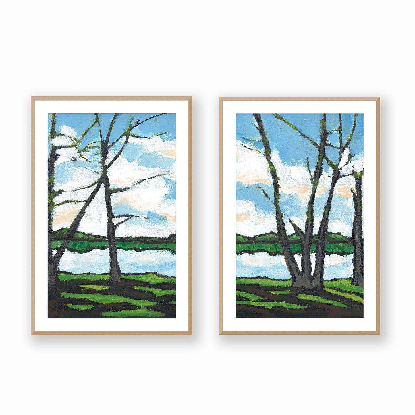 Set of Two Framed Fine Art Prints, White Mat - Two Panels of 14x20 19x28 or 24x36  inches | Lakeshore in Acrylic, FPH2-1101-LR, Prints, Fine art, Natural Frame, Two panels of 61 x 91 cm ,24 x 36 inches
