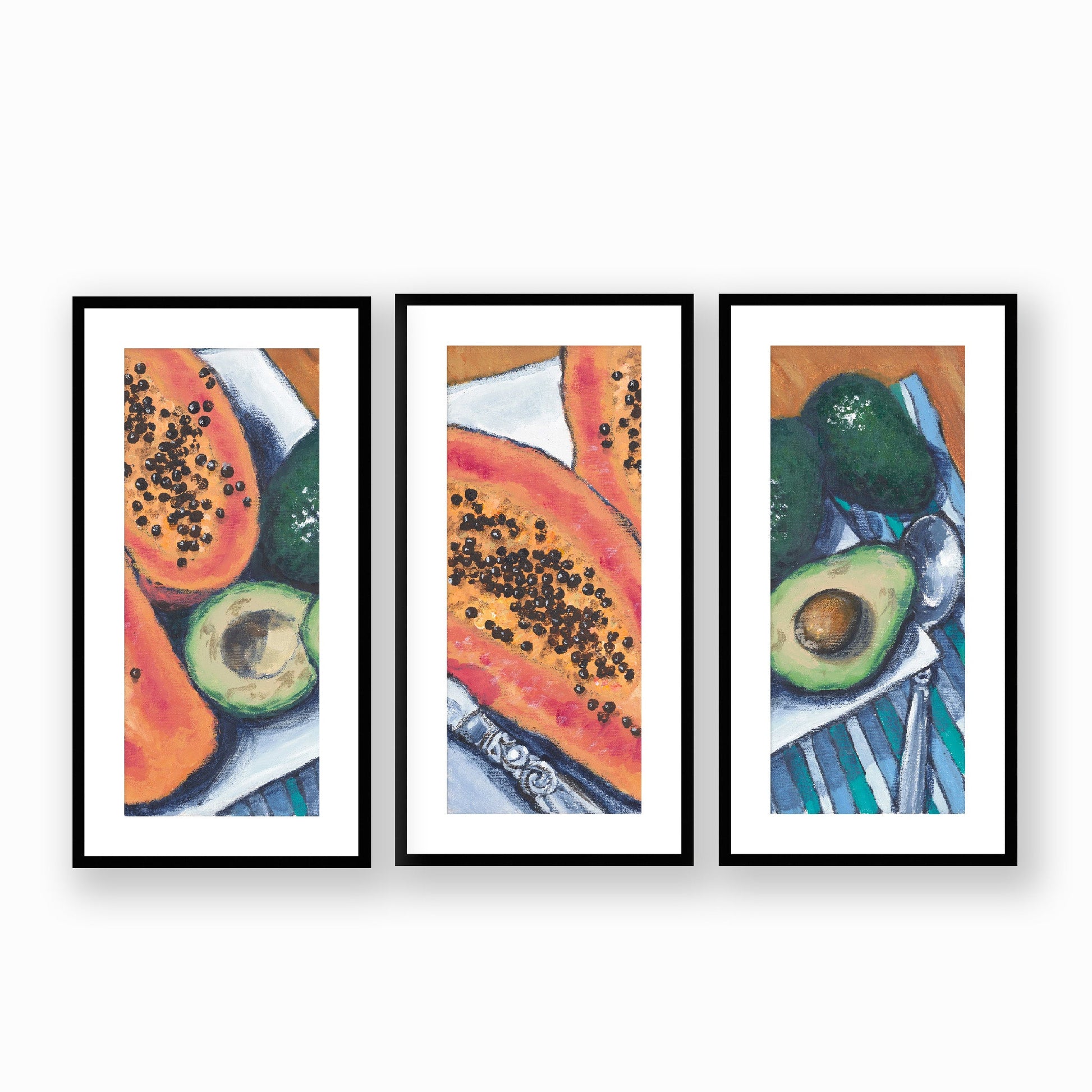 Framed Fine Art Print Set, White Mat - Three Panels of 14x28 16x33 19x40 inches | Papaya & Avocados in Acrylic, FPH3-1000-1105-LCR, Prints, Fine art, Black Frame, Three panels of 36 x 71 cm ,14 x 28 inches
