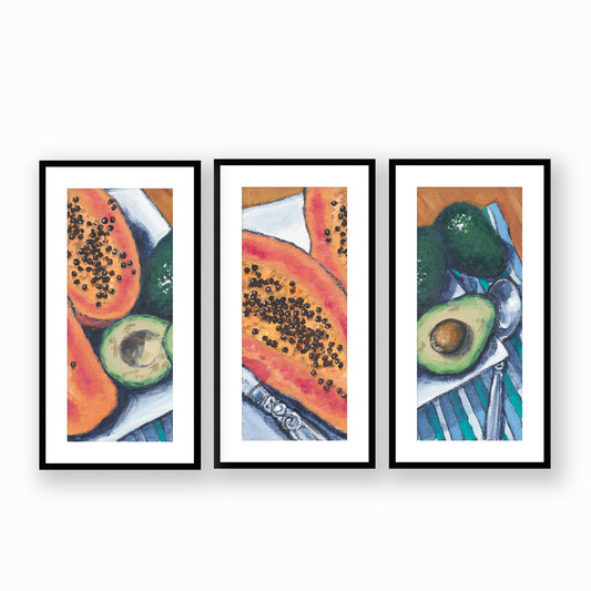 Framed Fine Art Print Set, White Mat - Three Panels of 14x28 16x33 19x40 inches | Papaya & Avocados in Acrylic, FPH3-1000-1105-LCR, Prints, Fine art, Black Frame, Three panels of 36 x 71 cm ,14 x 28 inches