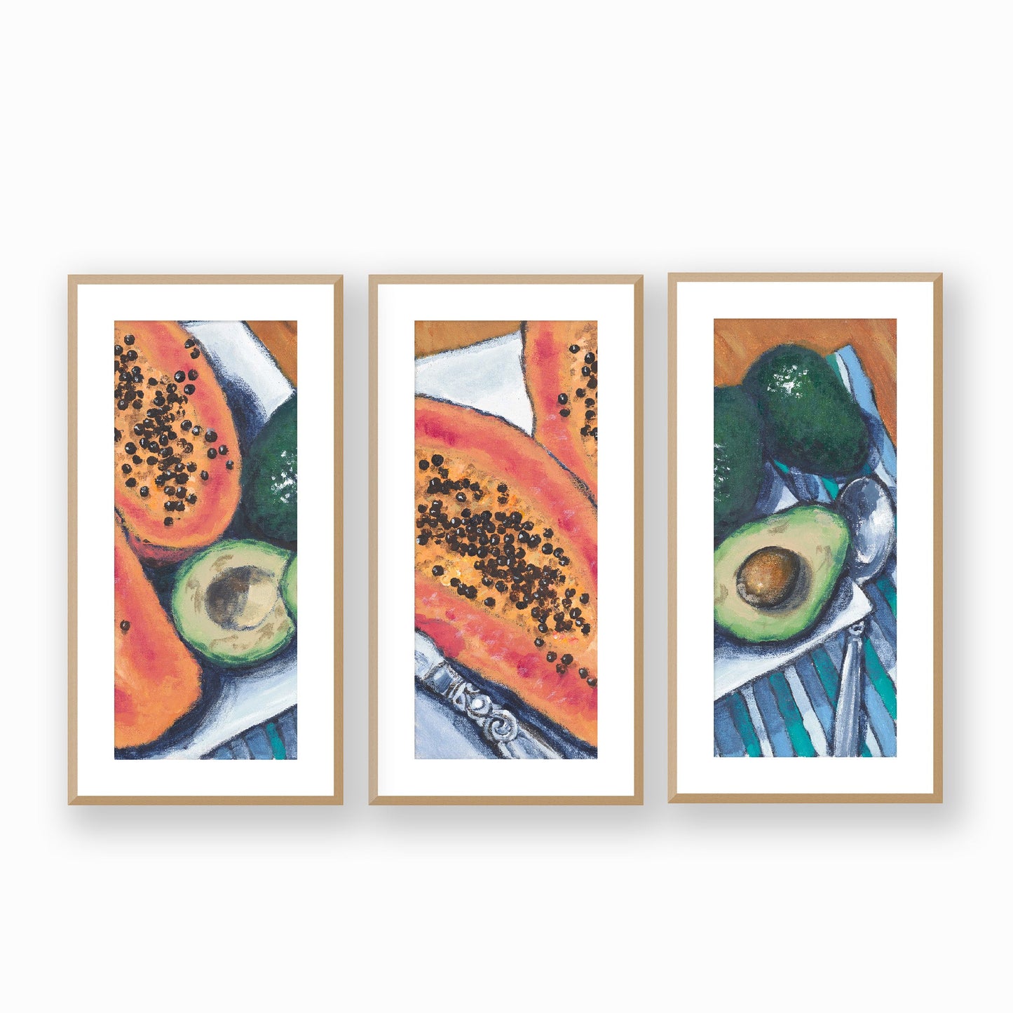 Framed Fine Art Print, White Mat - Three Panels of 14x28 16x33 19x40 inches | Papaya & Avocados in Acrylic, FPH3-1000-1105-LCR, Prints, Fine art, Natural Frame, Three panels of 36 x 71 cm ,14 x 28 inches