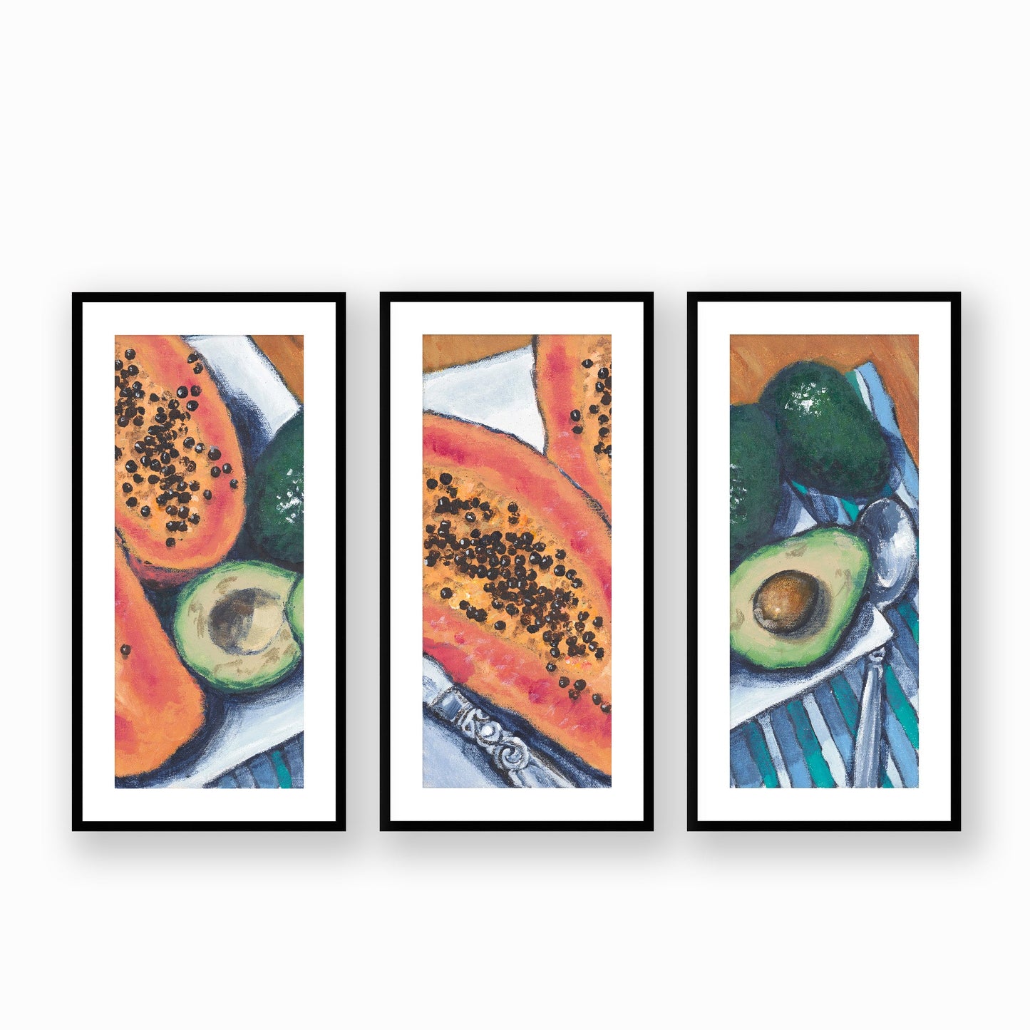 Framed Fine Art Print, White Mat - Three Panels of 14x28 16x33 19x40 inches | Papaya & Avocados in Acrylic, FPH3-1000-1105-LCR, Prints, Fine art, Black Frame, Three panels of 41 x 84 cm ,16 x 33 inches
