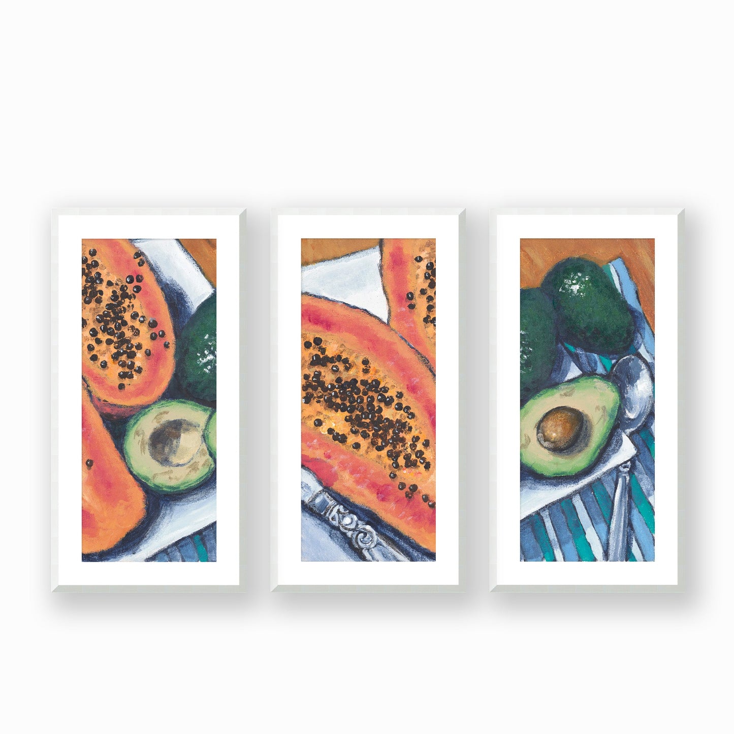 Framed Fine Art Print, White Mat - Three Panels of 14x28 16x33 19x40 inches | Papaya & Avocados in Acrylic, FPH3-1000-1105-LCR, Prints, Fine art, White Frame, Three panels of 41 x 84 cm ,16 x 33 inches