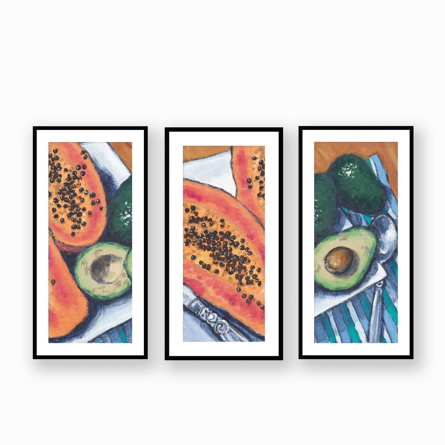 Framed Fine Art Print, White Mat - Three Panels of 14x28 16x33 19x40 inches | Papaya & Avocados in Acrylic, FPH3-1000-1105-LCR, Prints, Fine art, Black Frame, Three panels of 48 x 102 cm ,19 x 40 inches