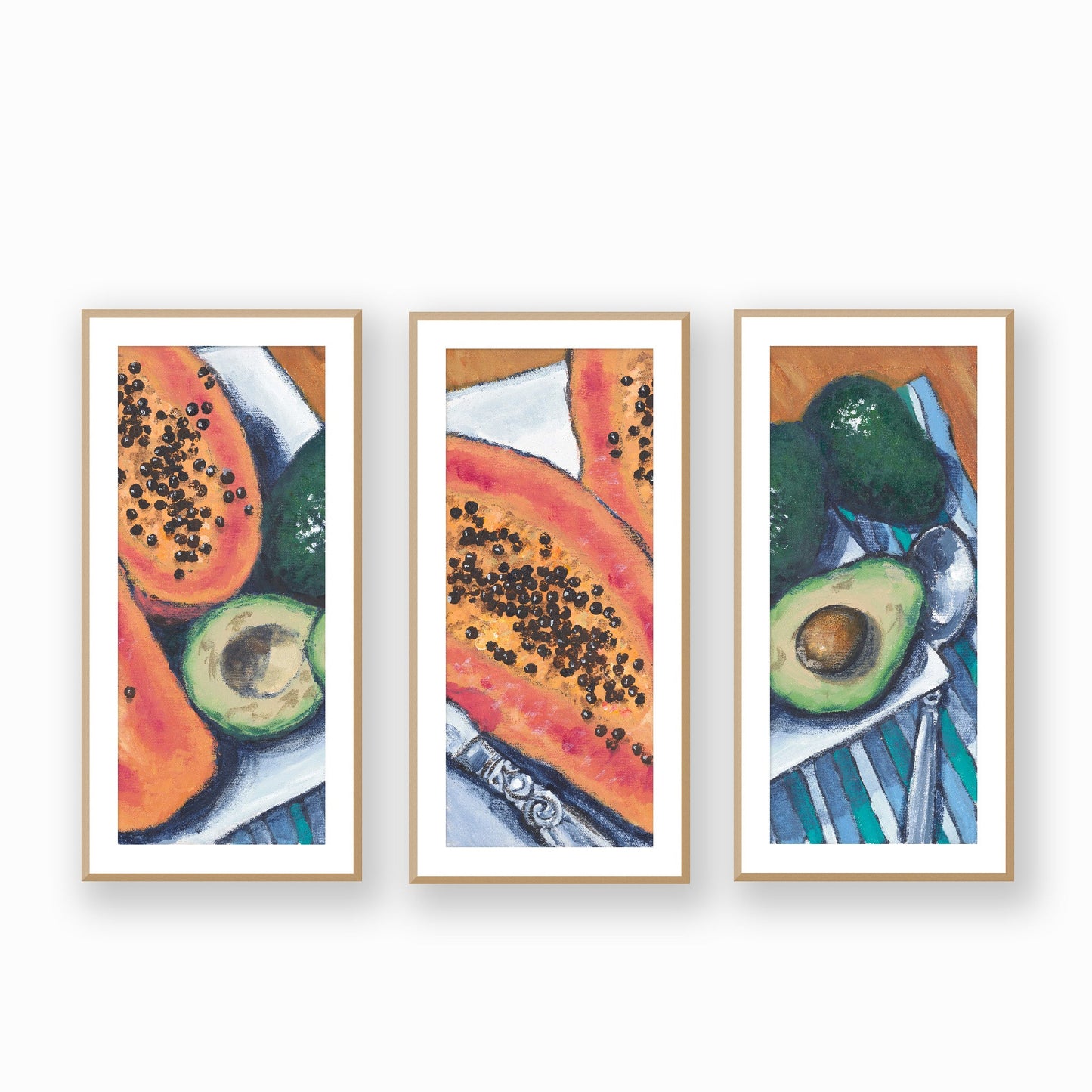Framed Fine Art Print, White Mat - Three Panels of 14x28 16x33 19x40 inches | Papaya & Avocados in Acrylic, FPH3-1000-1105-LCR, Prints, Fine art, Natural Frame, Three panels of 48 x 102 cm ,19 x 40 inches