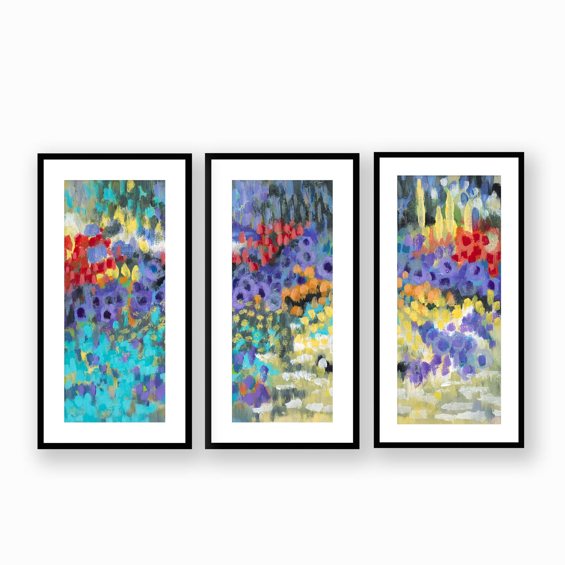 Framed Fine Art Print, White Mat - Three Panels of 14x28 16x33 19x40 inches | Floral Garden Two in Acrylic, FPH3-1000-1145-LCR, Prints, Fine art, Black Frame, Three panels of 36 x 71 cm ,14 x 28 inches