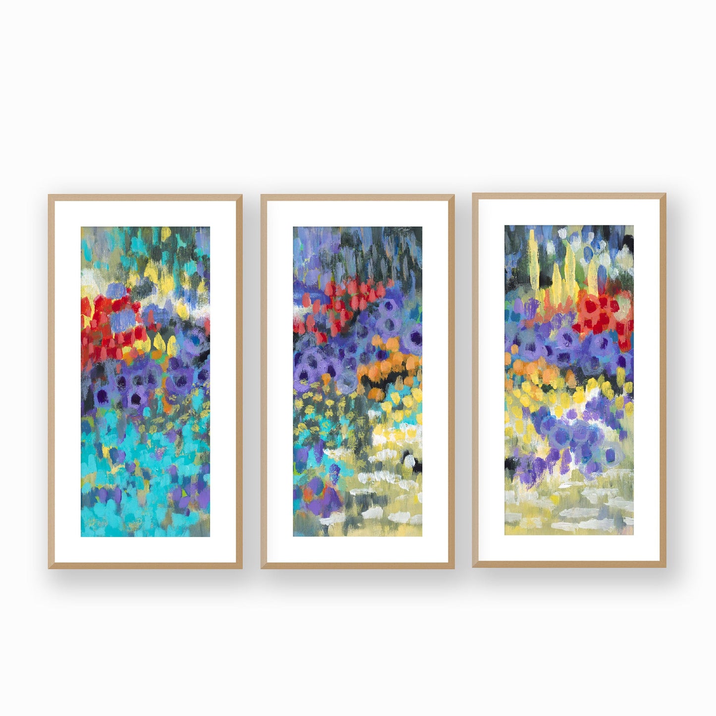 Framed Fine Art Print, White Mat - Three Panels of 14x28 16x33 19x40 inches | Floral Garden Two in Acrylic, FPH3-1000-1145-LCR, Prints, Fine art, Natural Frame, Three panels of 36 x 71 cm ,14 x 28 inches