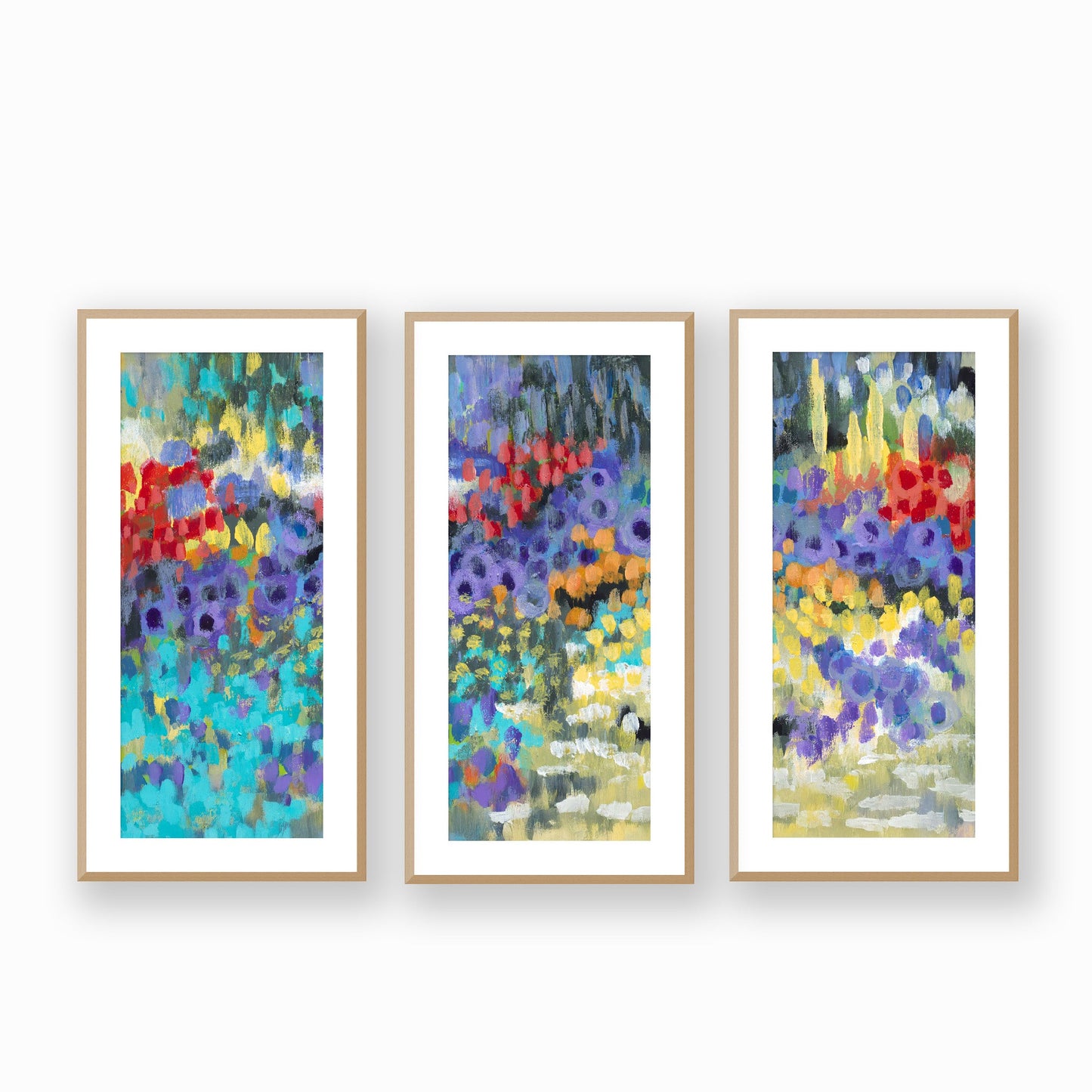 Framed Fine Art Print, White Mat - Three Panels of 14x28 16x33 19x40 inches | Floral Garden Two in Acrylic, FPH3-1000-1145-LCR, Prints, Fine art, Natural Frame, Three panels of 41 x 84 cm ,16 x 33 inches