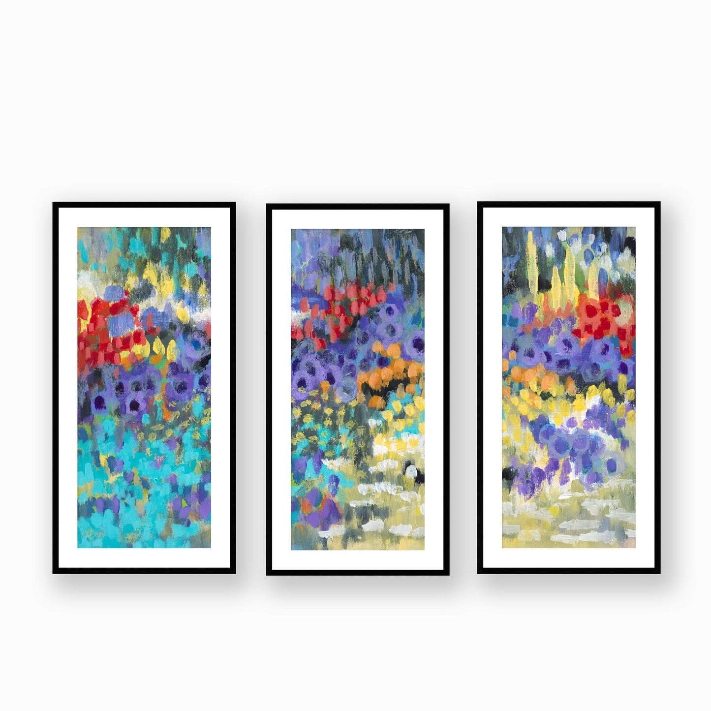 Framed Fine Art Print, White Mat - Three Panels of 14x28 16x33 19x40 inches | Floral Garden Two in Acrylic, FPH3-1000-1145-LCR, Prints, Fine art, Black Frame, Three panels of 48 x 102 cm ,19 x 40 inches