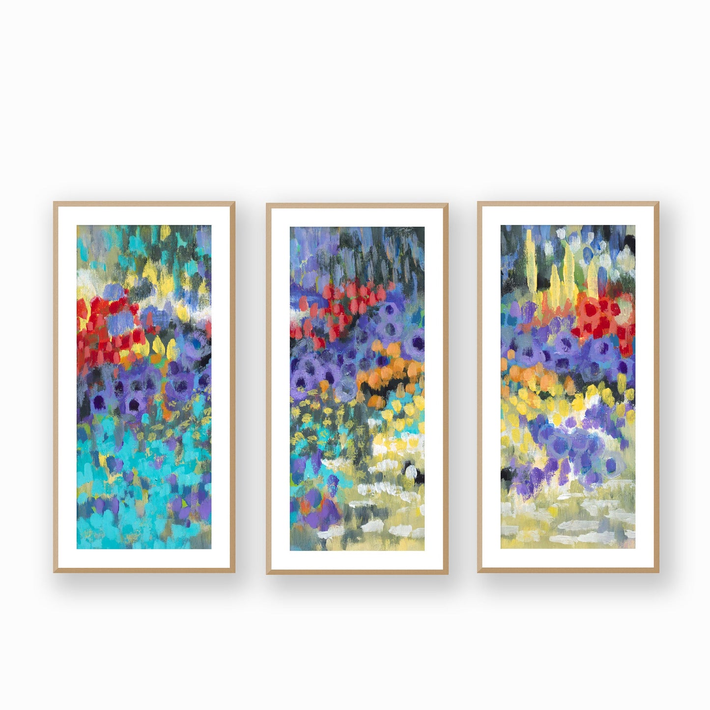 Framed Fine Art Print, White Mat - Three Panels of 14x28 16x33 19x40 inches | Floral Garden Two in Acrylic, FPH3-1000-1145-LCR, Prints, Fine art, Natural Frame, Three panels of 48 x 102 cm ,19 x 40 inches