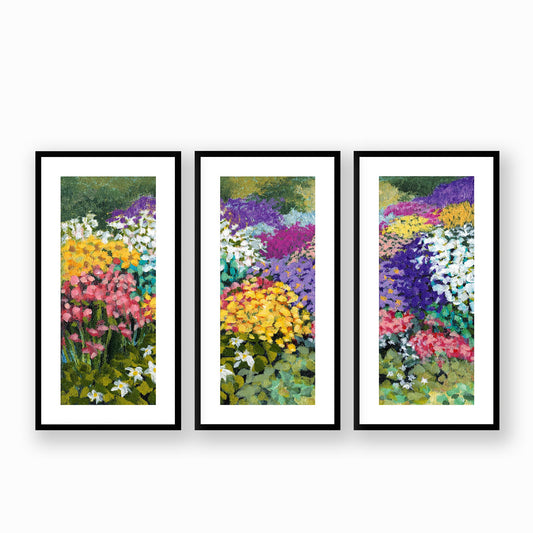 Framed Fine Art Print, White Mat - Three Panels of 14x28 16x33 19x40 inches | Floral Garden Three in Acrylic, FPH3-1000-1145-LCR, Prints, Fine art, Black Frame, Three panels of 36 x 71 cm ,14 x 28 inches