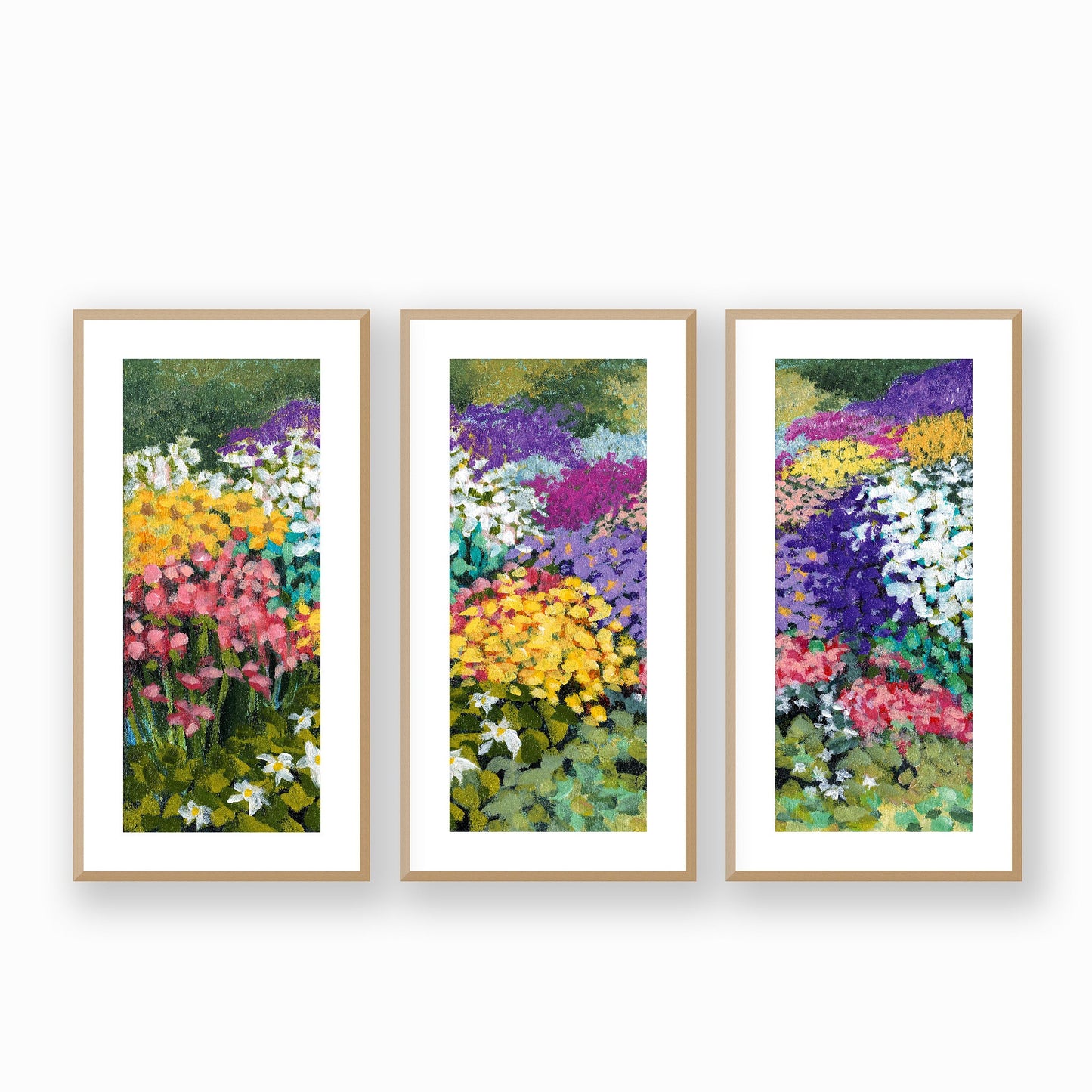 Framed Fine Art Print, White Mat - Three Panels of 14x28 16x33 19x40 inches | Floral Garden Three in Acrylic, FPH3-1000-1145-LCR, Prints, Fine art, Natural Frame, Three panels of 36 x 71 cm ,14 x 28 inches