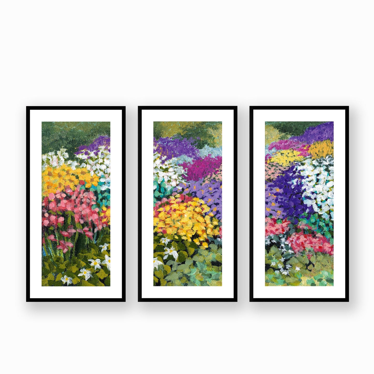 Framed Fine Art Print, White Mat - Three Panels of 14x28 16x33 19x40 inches | Floral Garden Three in Acrylic, FPH3-1000-1145-LCR, Prints, Fine art, Black Frame, Three panels of 41 x 84 cm ,16 x 33 inches