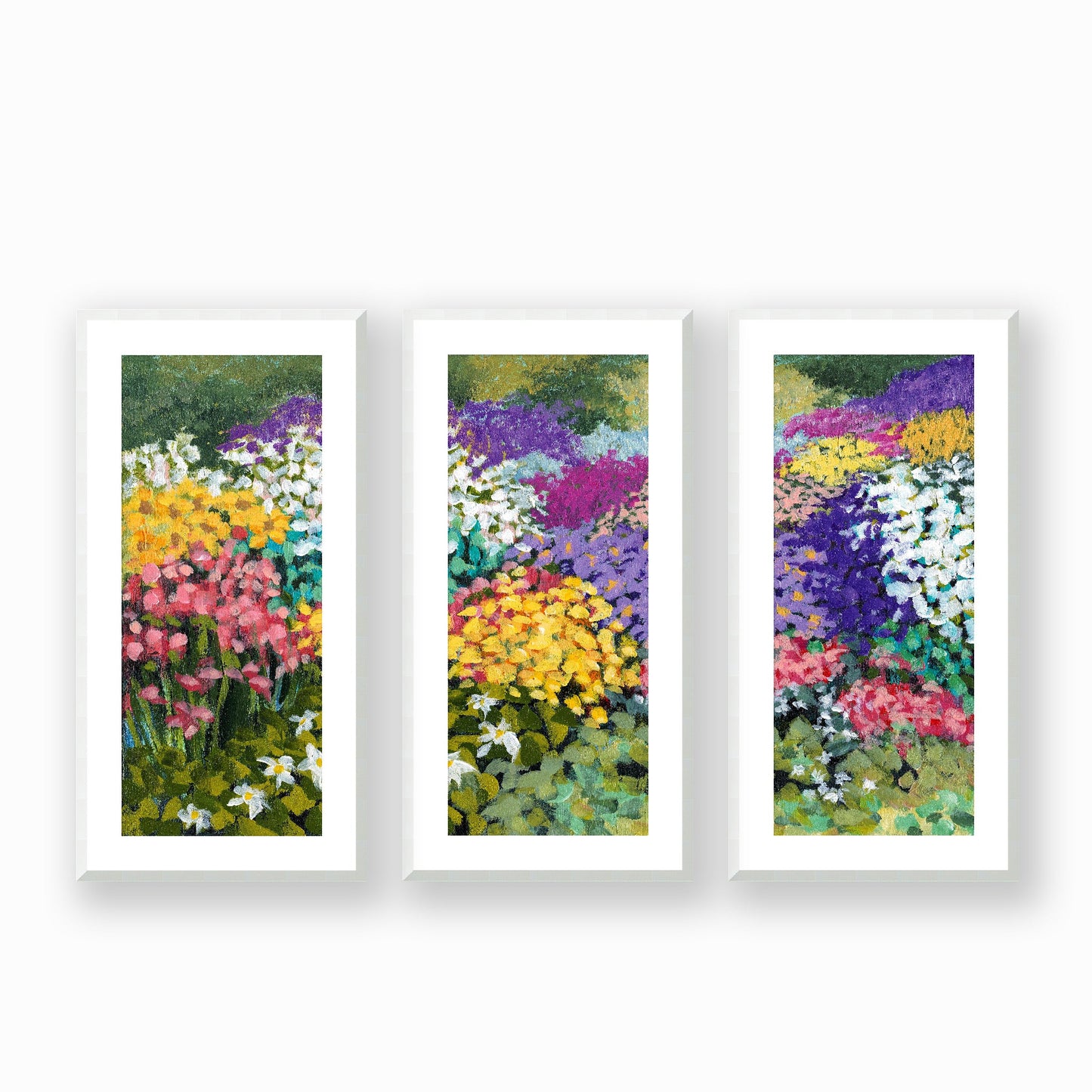Framed Fine Art Print, White Mat - Three Panels of 14x28 16x33 19x40 inches | Floral Garden Three in Acrylic, FPH3-1000-1145-LCR, Prints, Fine art, White Frame, Three panels of 41 x 84 cm ,16 x 33 inches