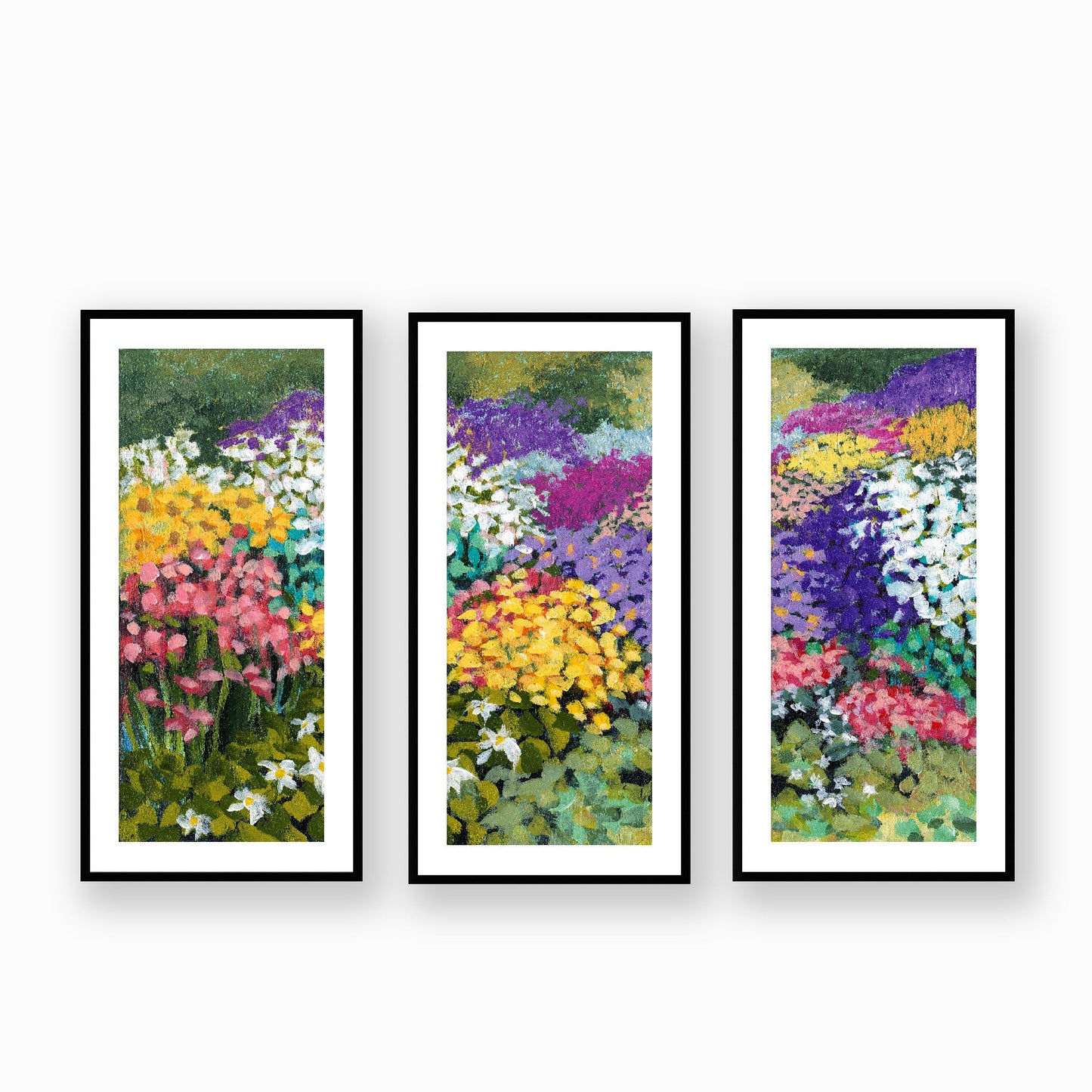 Framed Fine Art Print, White Mat - Three Panels of 14x28 16x33 19x40 inches | Floral Garden Three in Acrylic, FPH3-1000-1145-LCR, Prints, Fine art, Black Frame, Three panels of 48 x 102 cm ,19 x 40 inches